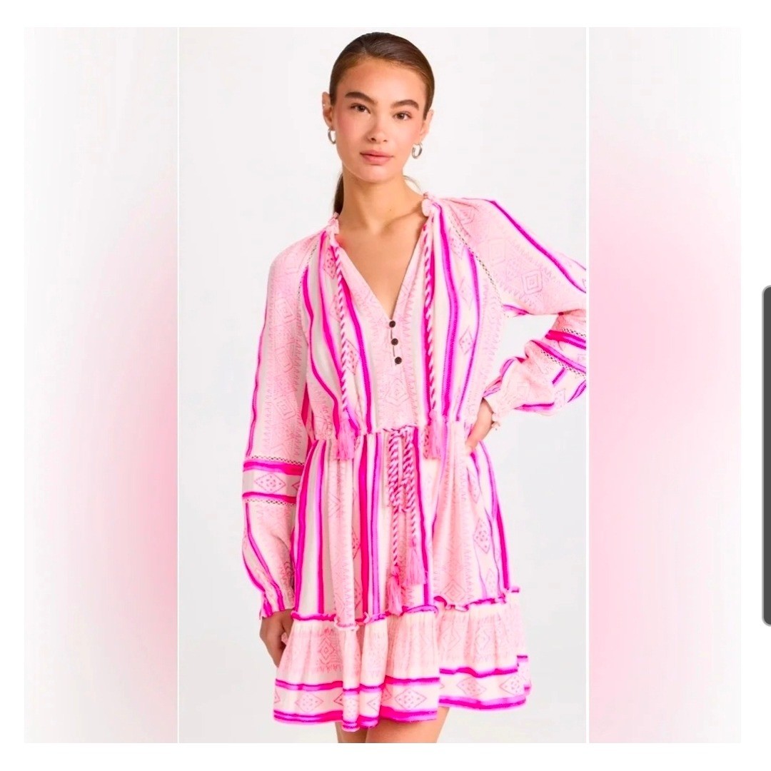 Veronica Beard Dress Womens XL Pink Striped Embroidered Tassel Boho Mini Cottage