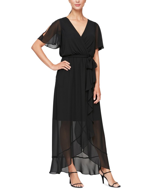 SL Fashions Women’s Ruffled Wrap Dress (Black, 8)