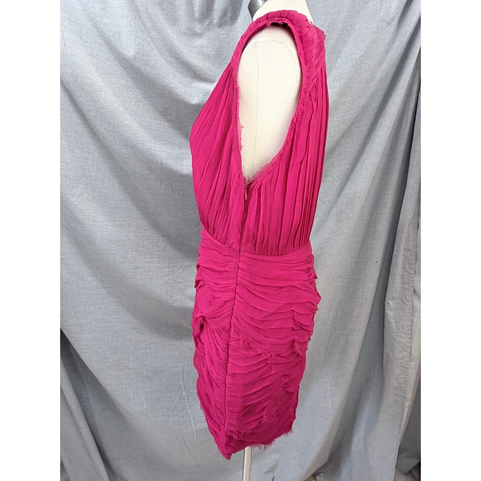 Madison Marcus Pink Silk Layered Pleated Frayed Edge Dress V-Neck Sleeveless