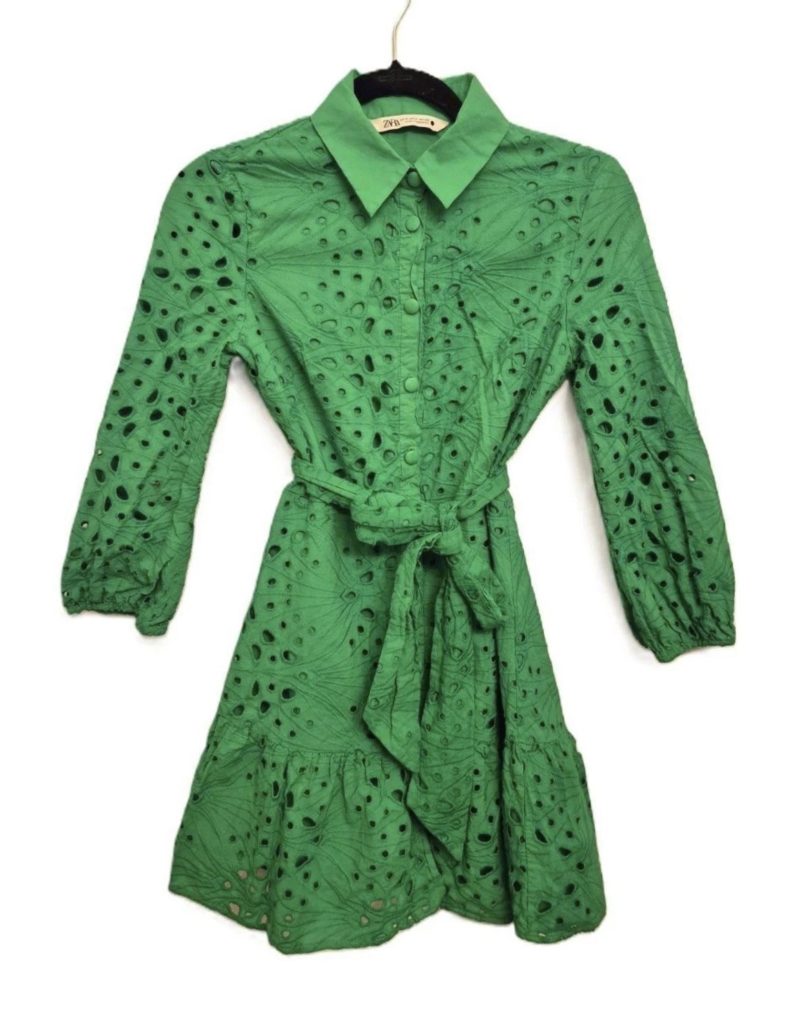 Zara Green Eyelet Lace Belted Cotton Mini Dress Size Medium – Used Good