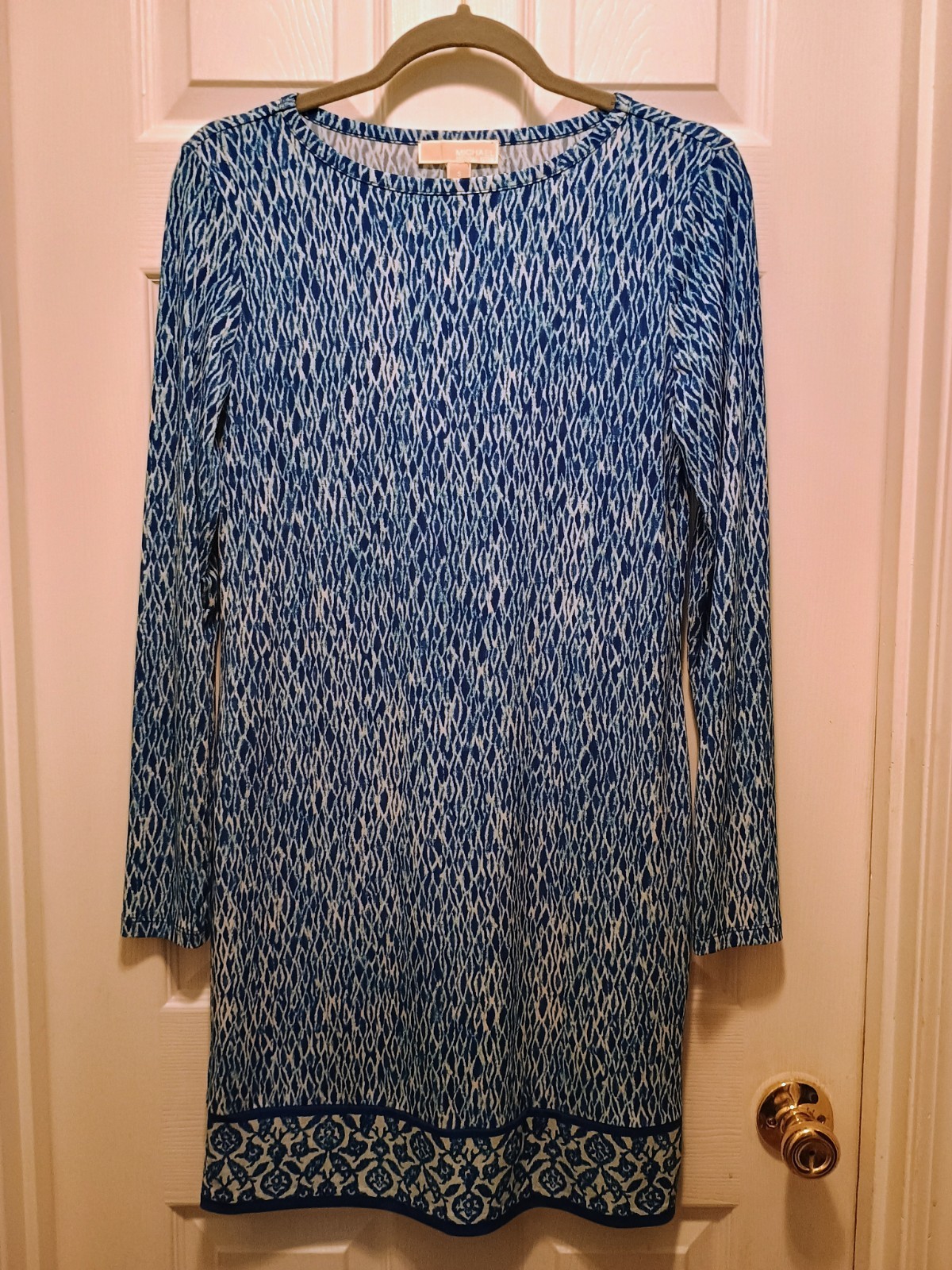 Michael Kors Blue & White Geometric Shift Dress Womens Size Small Long Sleeve