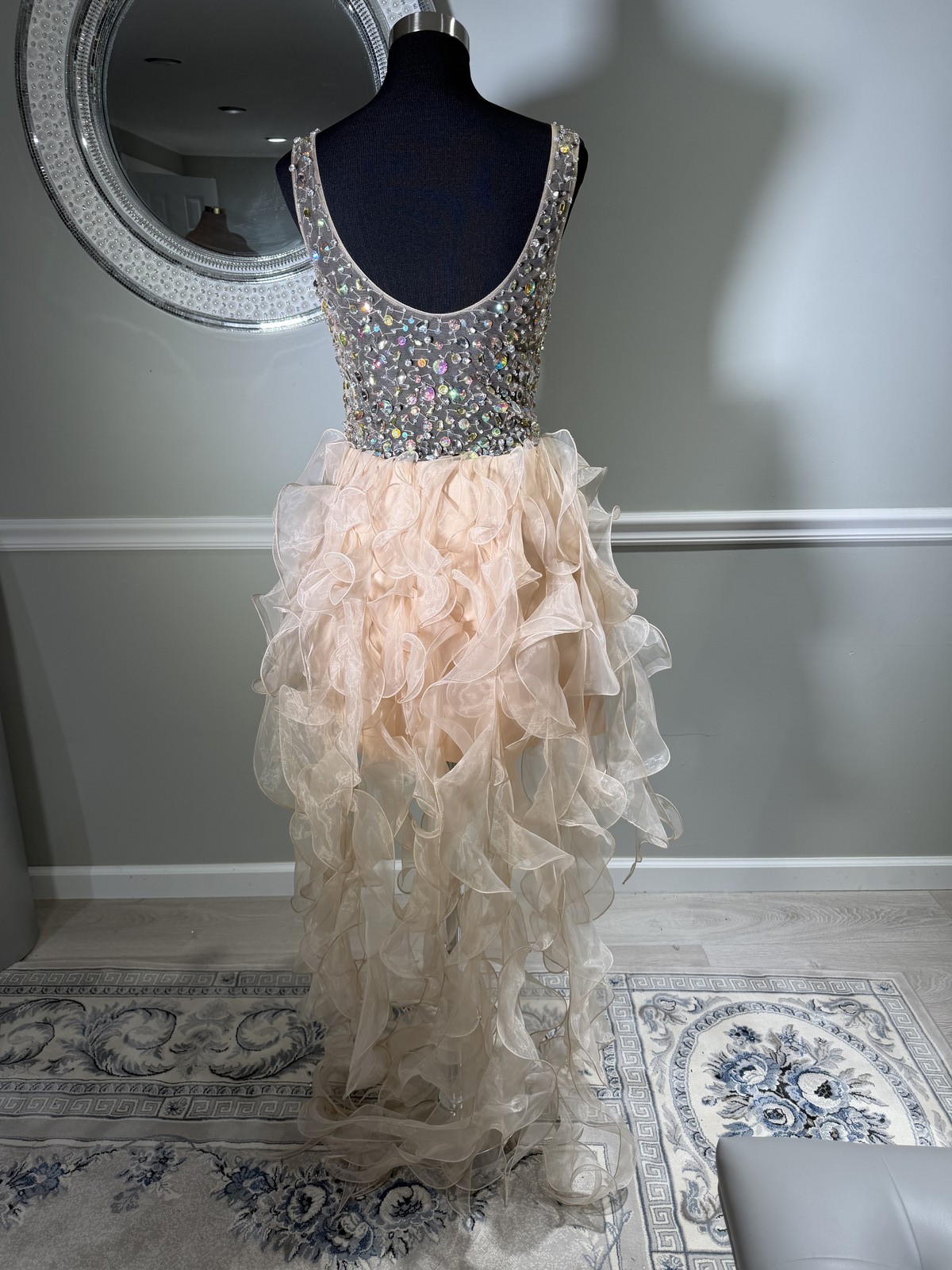 Colors Dress Rhinestone Ruffle Mini Dress Blush Champagne Size 8