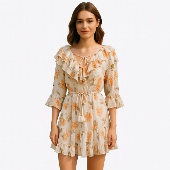 NEW POL Small Mini Floral and Bird Mini Print Dress Ruffle Tassel Neckline Boho