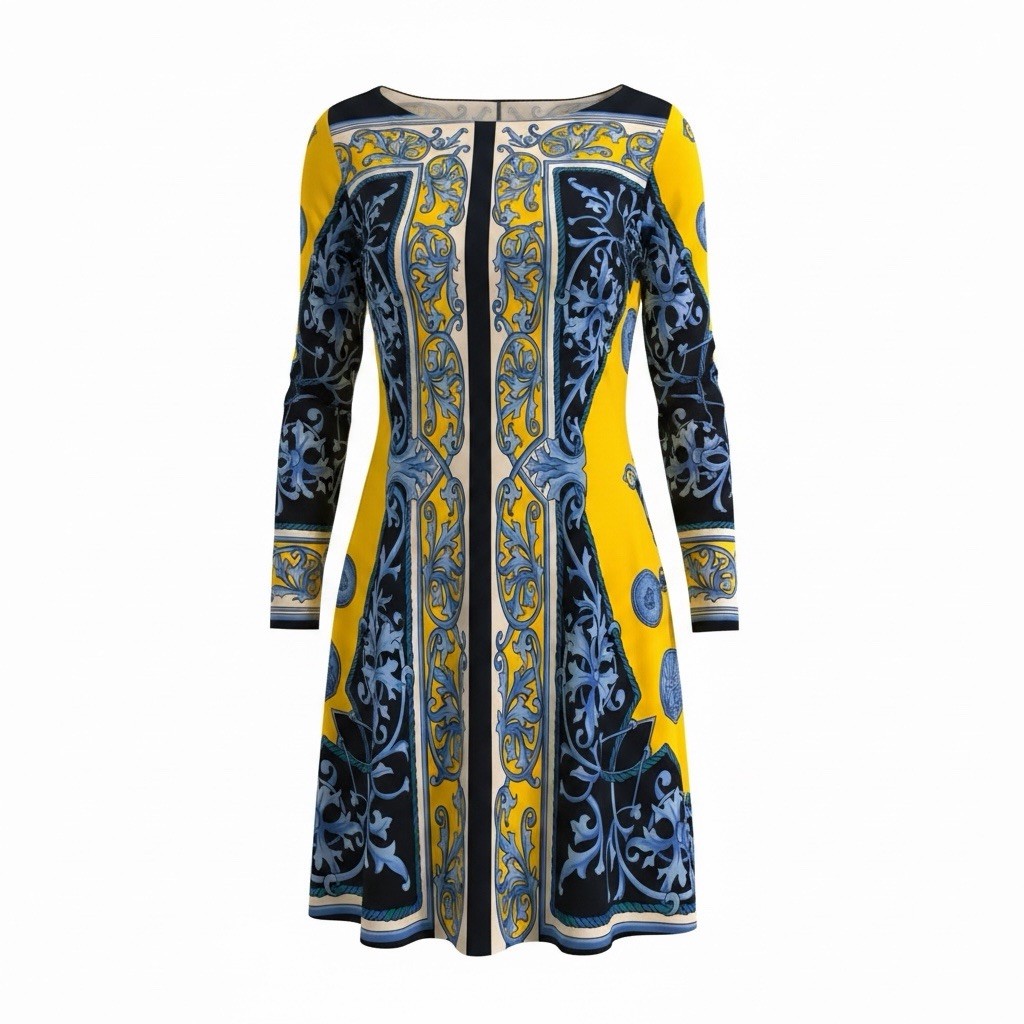 Cache_ Vintage Long Sleeve Dress, Yellow/blue/dark Navy Blue /white. Size 8