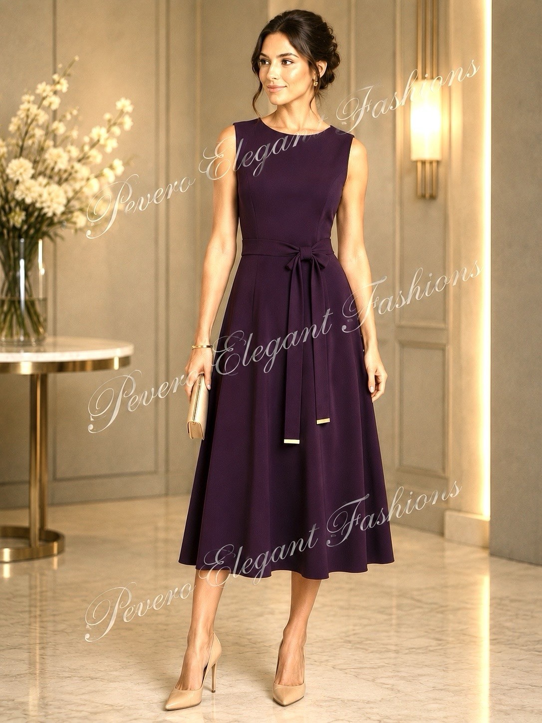CALVIN KLEIN S/LESS FIT&FLAIR BELTED MIDI DRESS, AUBERGINE SIZE 14 NWT