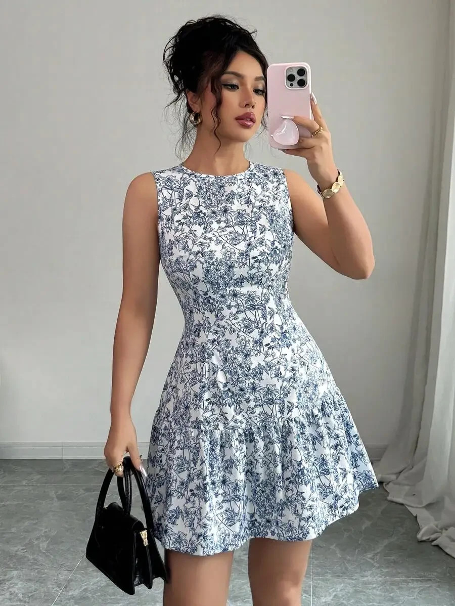 Women’s Blue White Floral Boho Mini Dress Sleeveless Round Neck A-Line