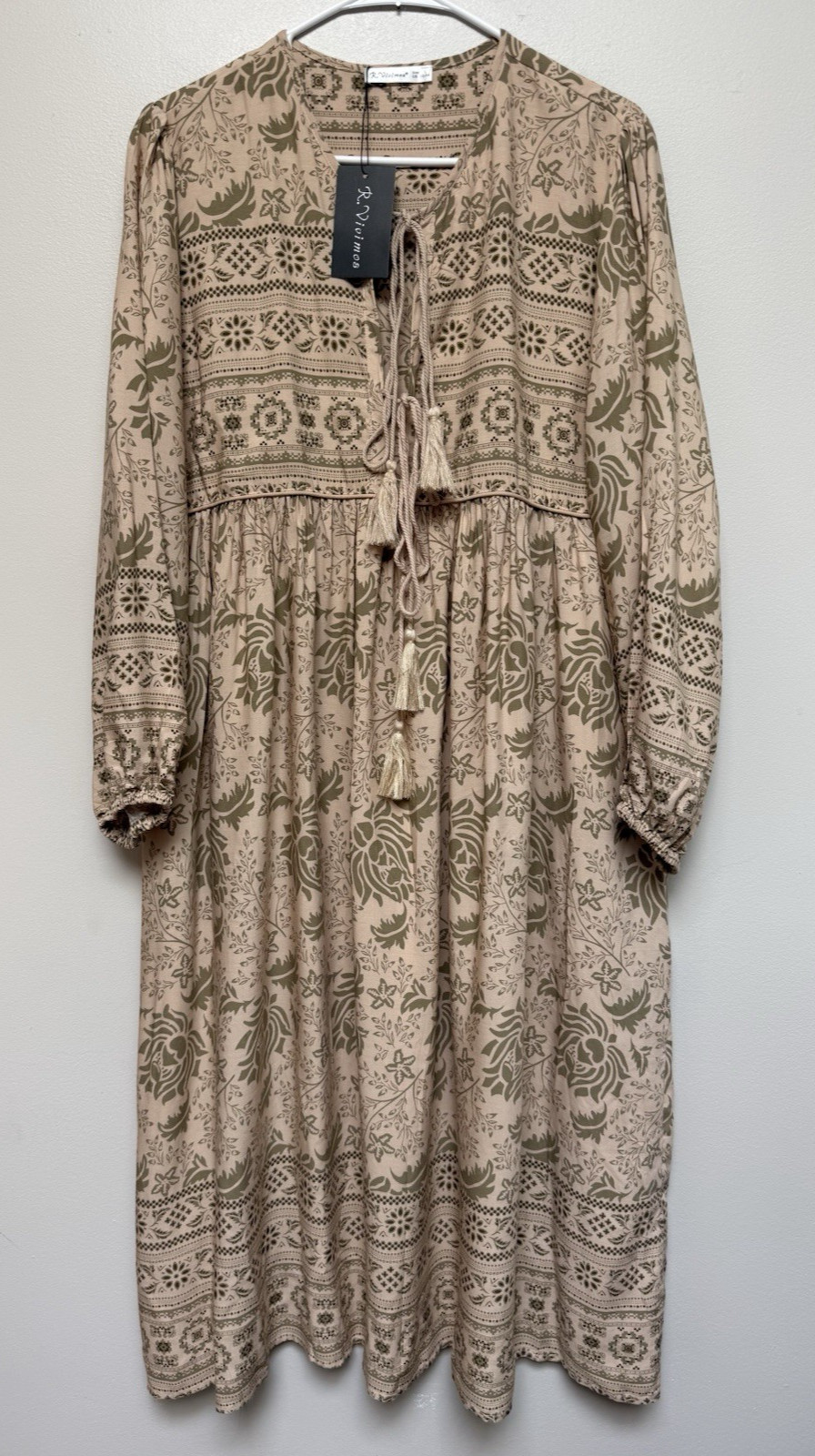 NWT R VIVIMOS Womens Dress Floral Dress Large 12/14 Retro Boho Neutral Tassel