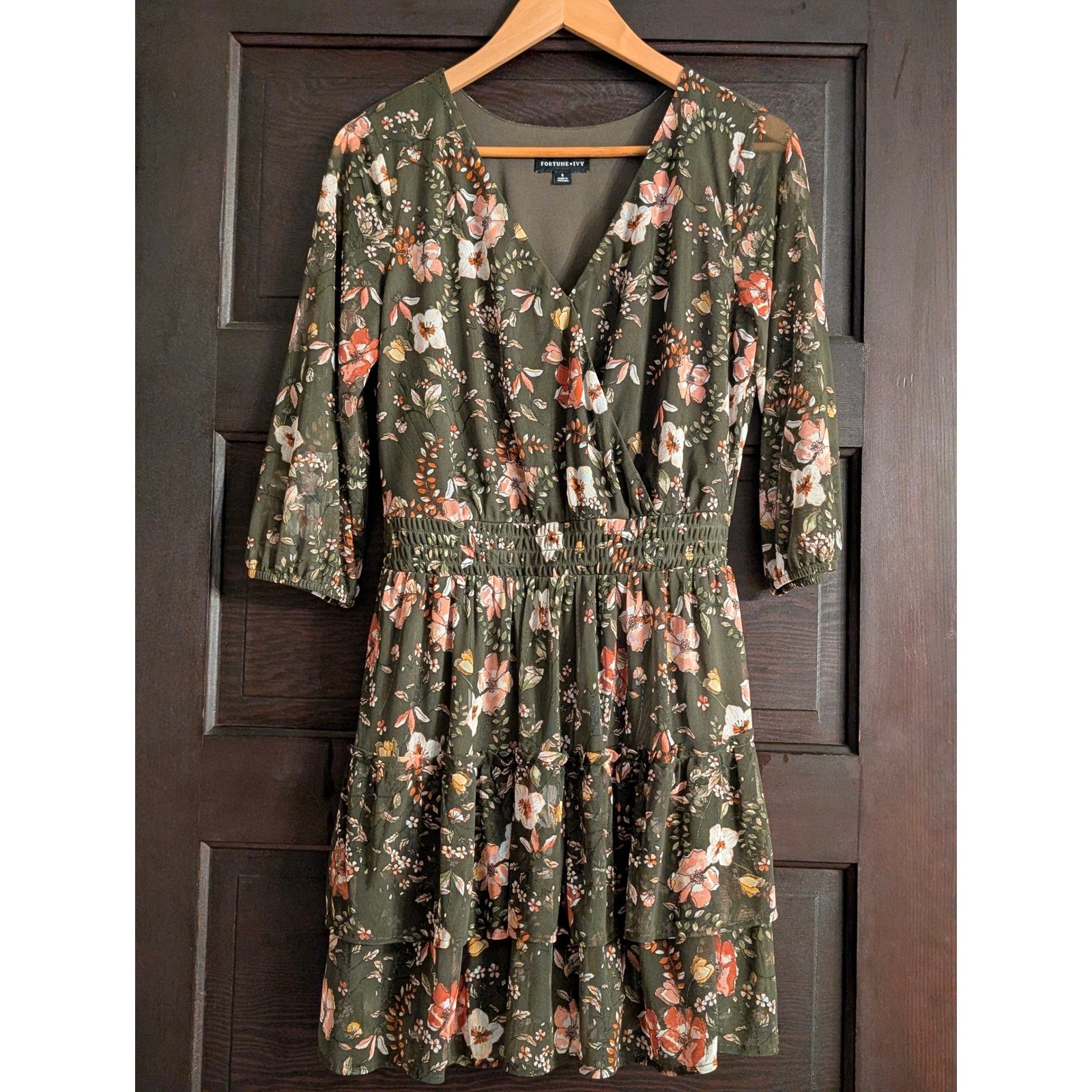 Fortune + Ivy Olive Green Floral Mesh Mini Dress Smocked Waist 3/4 Sleeve Small