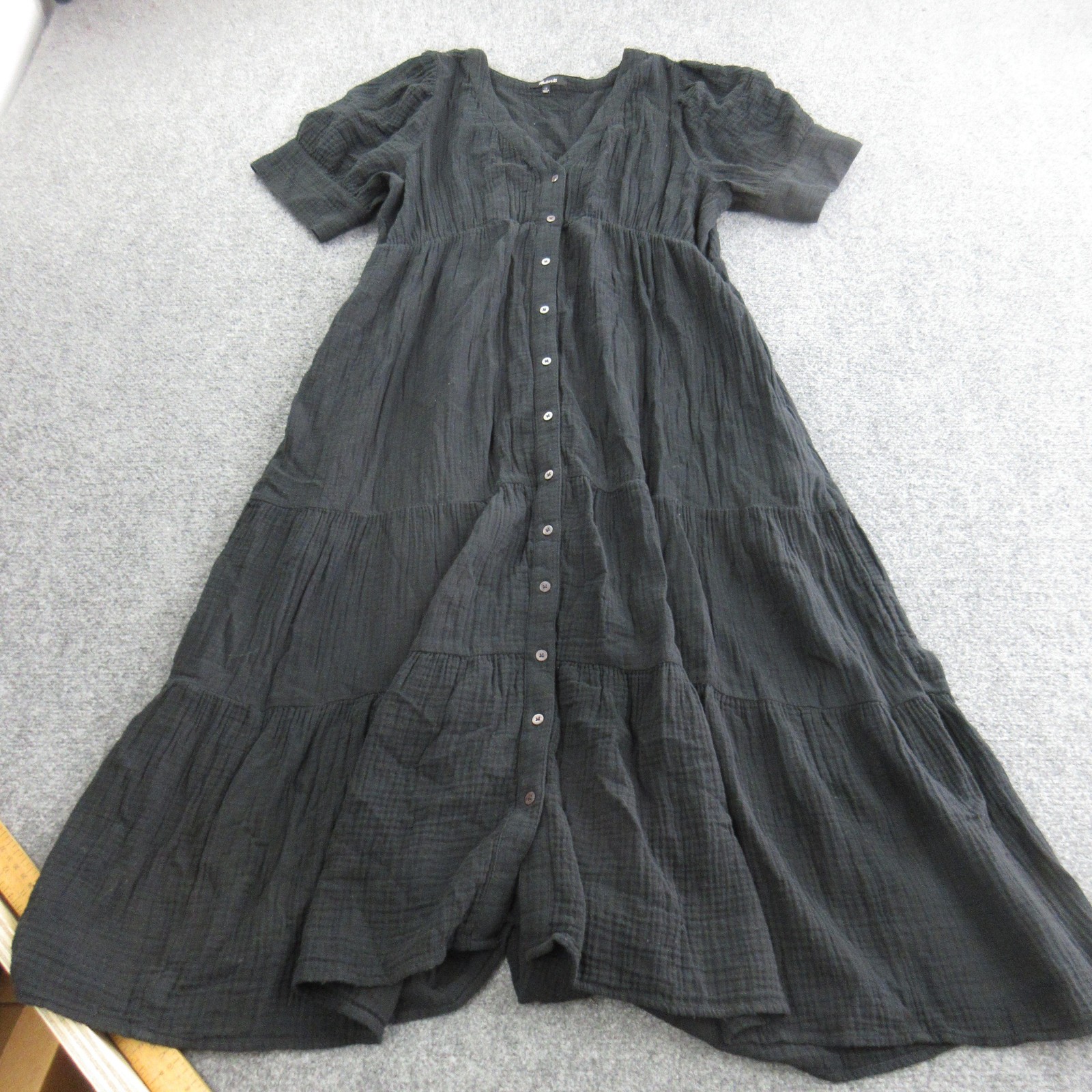 Madewell Dress Womens 12 Black Cotton Maxi Button Front Puff Sleeve Tiered