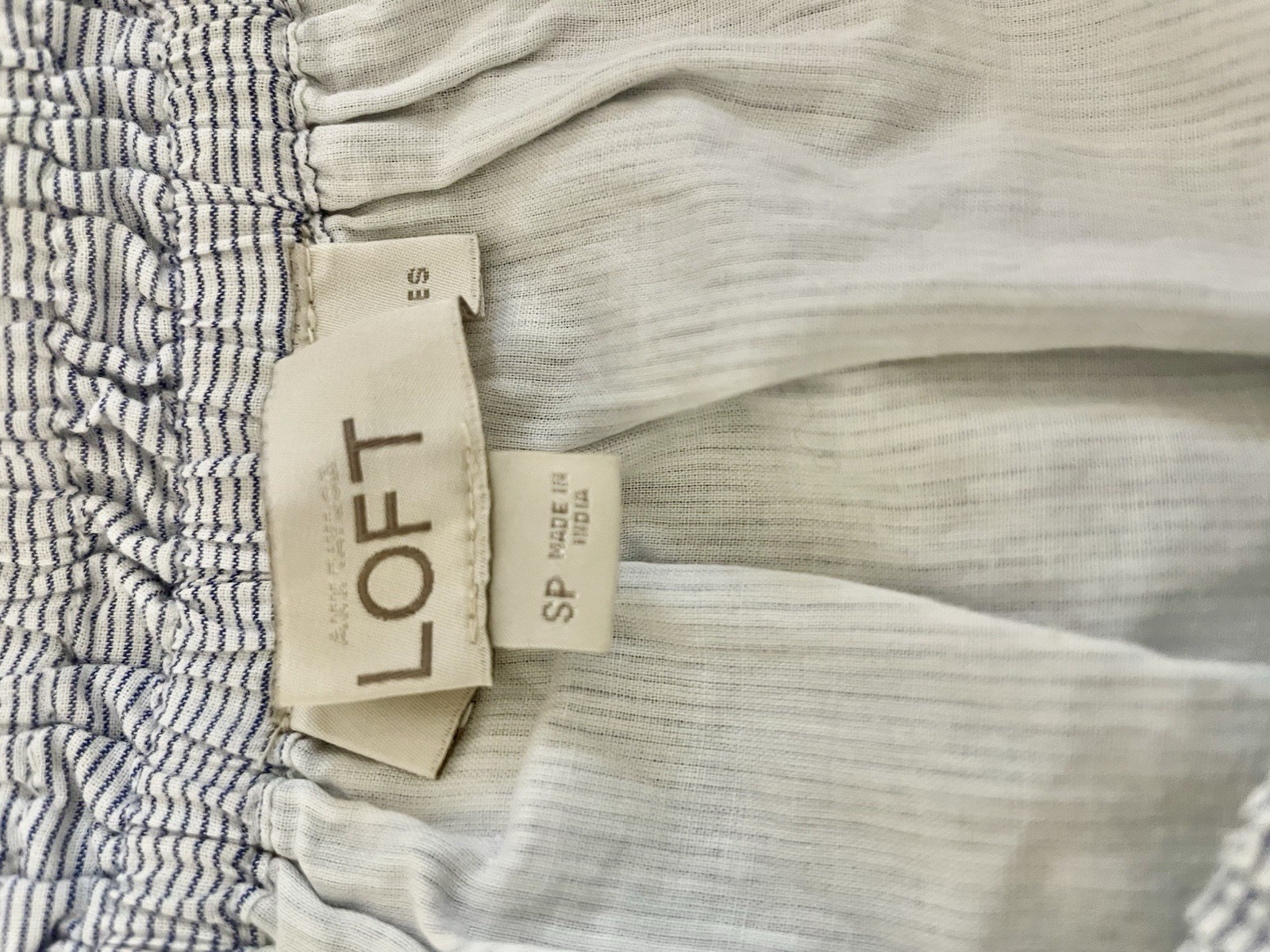 LOFT Petite SP Blue/White Striped Eyelet Off-Shoulder Ruffle Short Dress