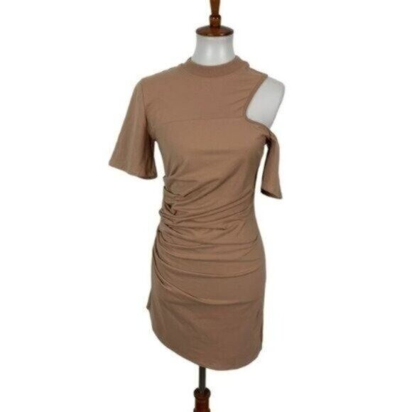 Revolve Dress H Hours Small Tan Short Sleeve Bodycon Sexy Chic Trendy