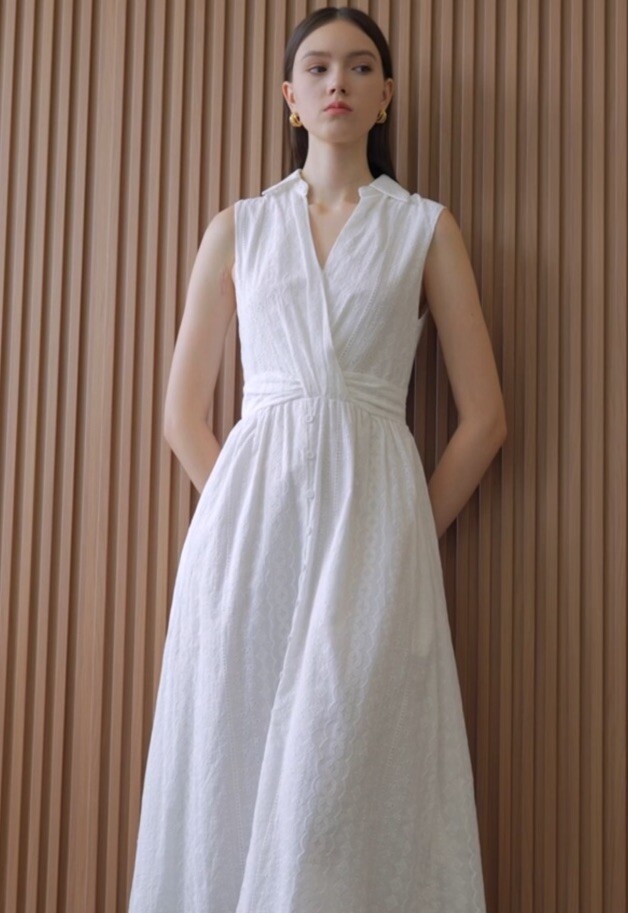 ZARA Openwork Embroidered Eyelet Midi Dress L White Sleeveless V Neck Feminine