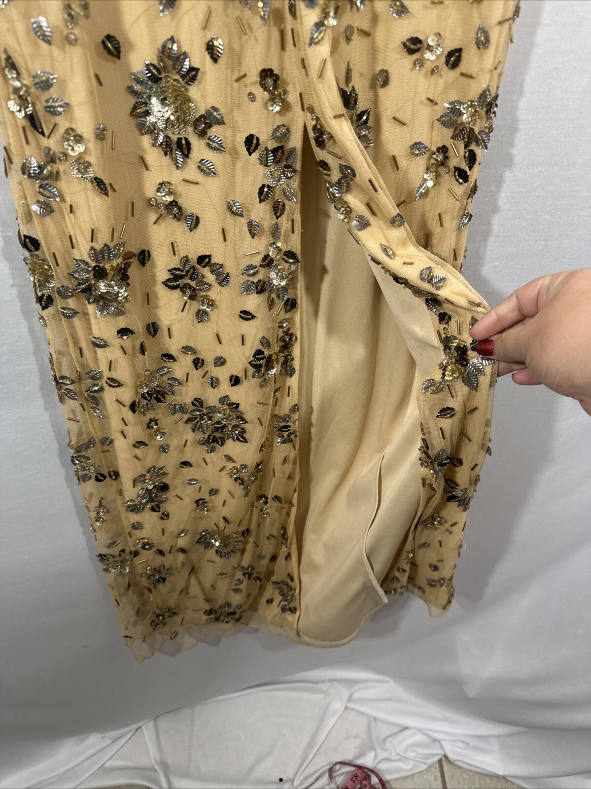 NWT $598 Mac Duggal [ 0 ] 5477 Floral Embellished Scoop Neck Gown Gold #S1598
