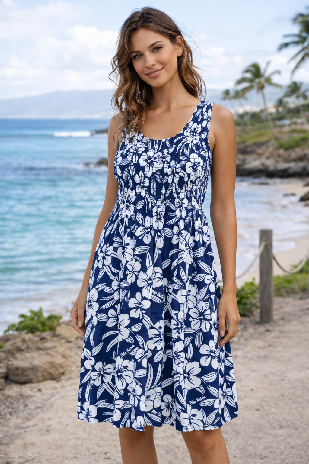Aloha Hut Hawaiian Midi Dress One Size (S/M) Blue Sundress Smocked Sleeveless