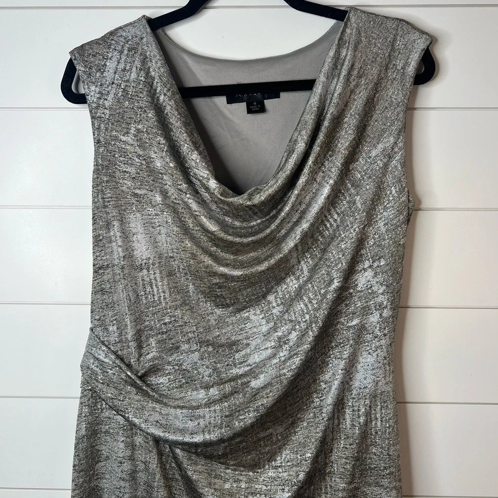 Scarlett Shimmery Silver Cinched Waist Drape Neck Fully Lined Dress. Size 12.