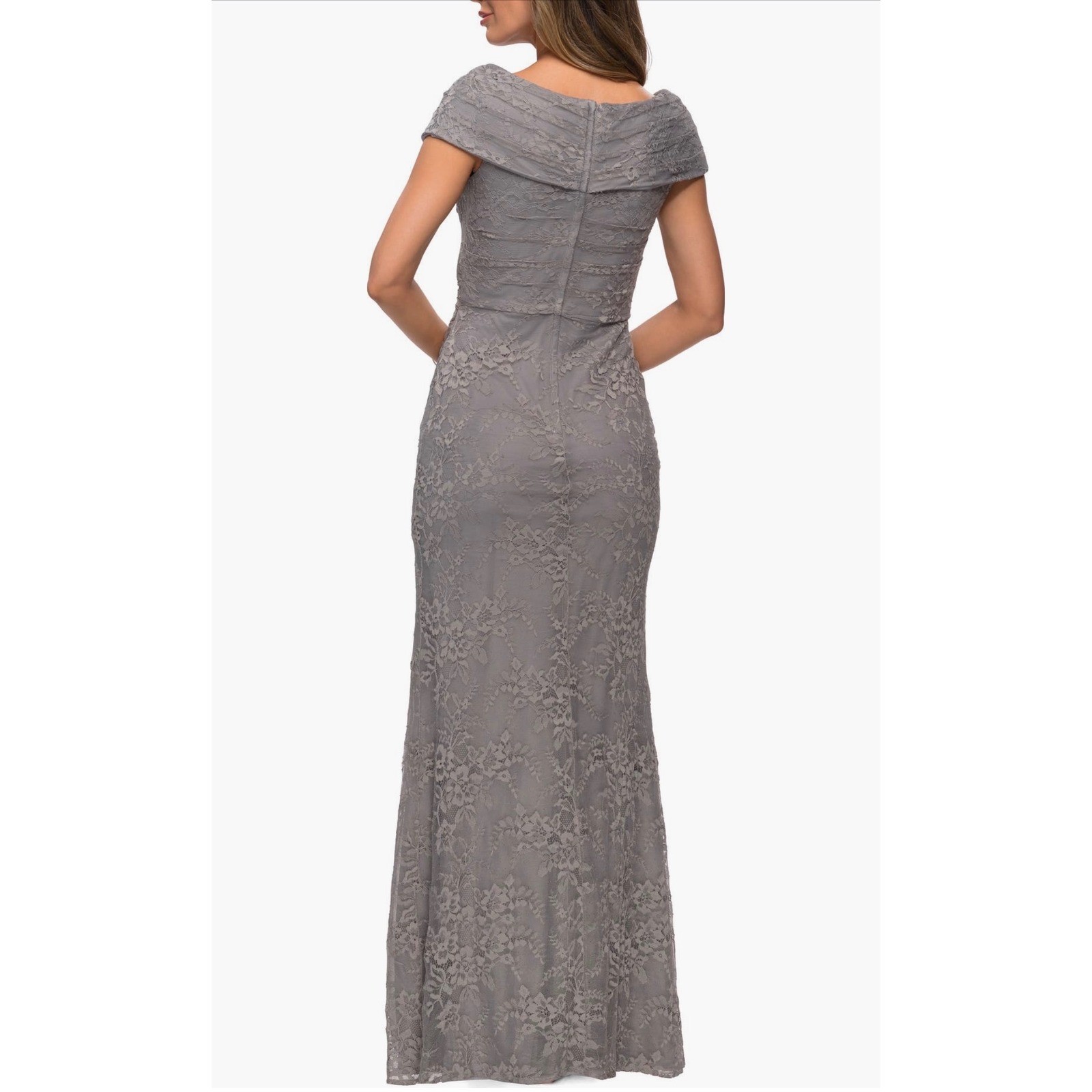 La Femme 27982 Platinum Lace Off Shoulder Gown Size 16 NWOT