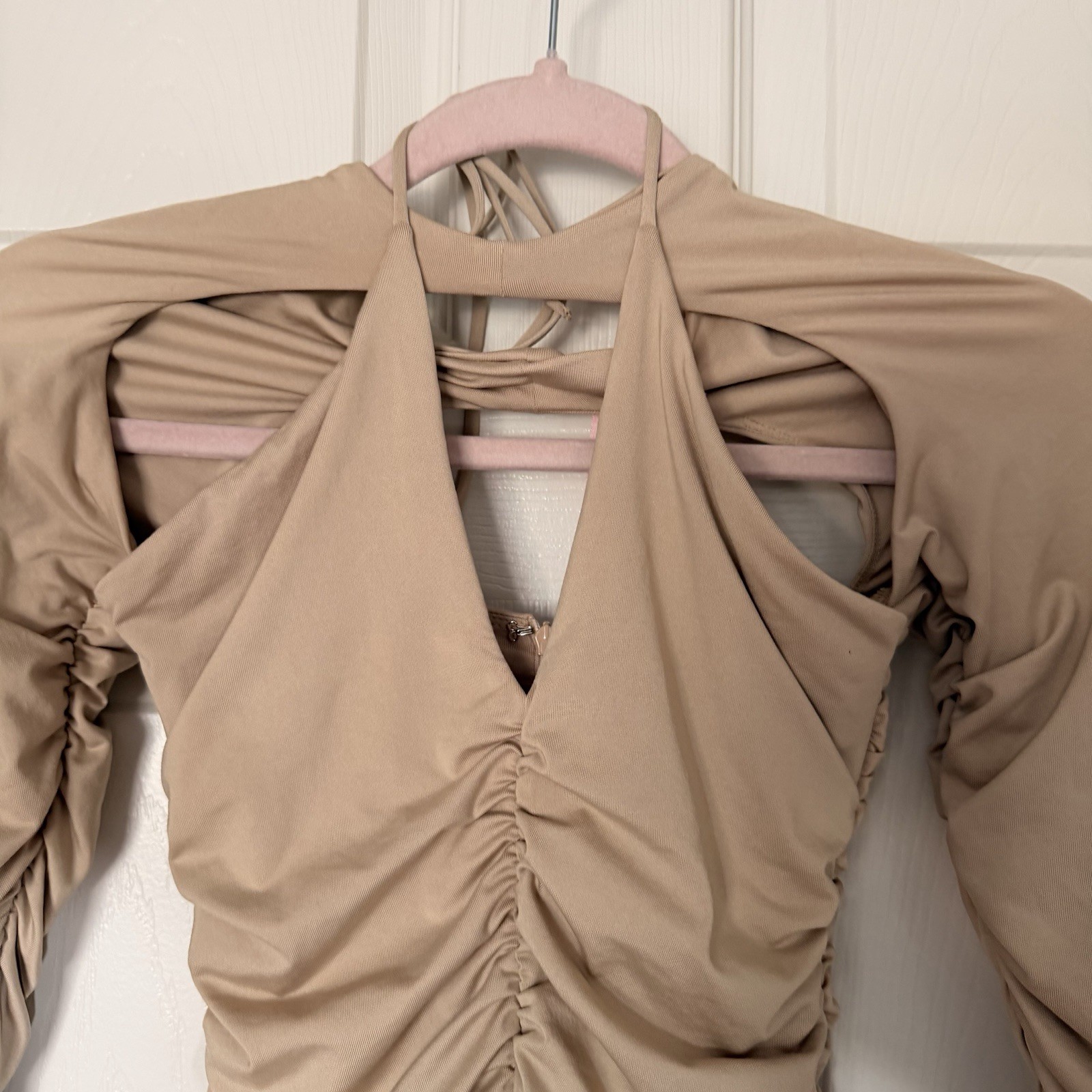 Ruched Nude Bodycon Mini Dress Halter Cutout Long Sleeve Party Club Cocktail US4