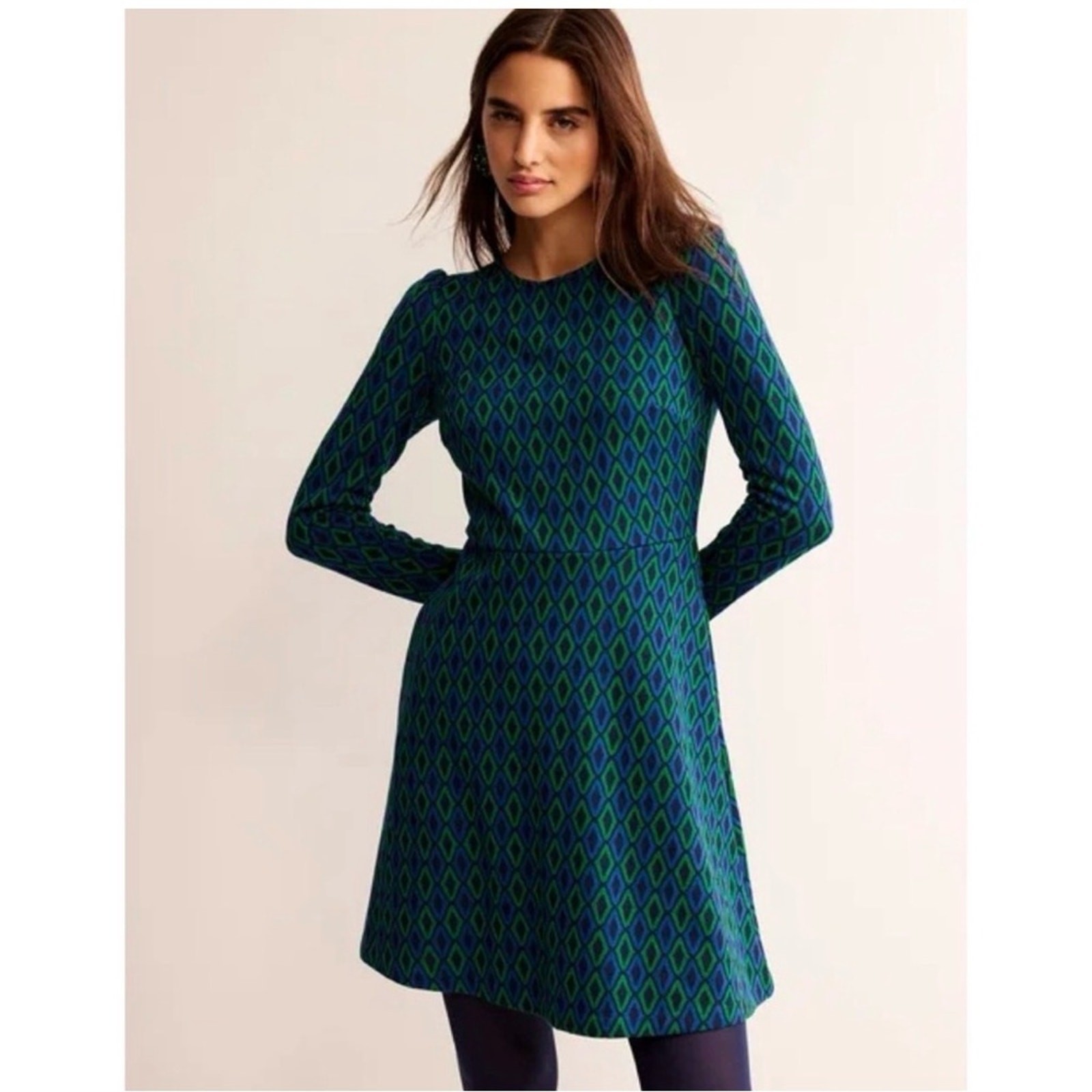 NWT Boden Jacquard Knit A-line Dress Atlantic, Azure Long Sleeve Size 12 Regular