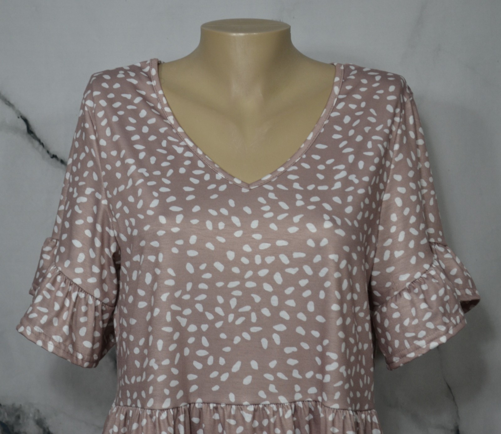 NCLOOK Tan Cream Patterned V Neck Dress Large Side Pockets Ruffled Hem Sleeves