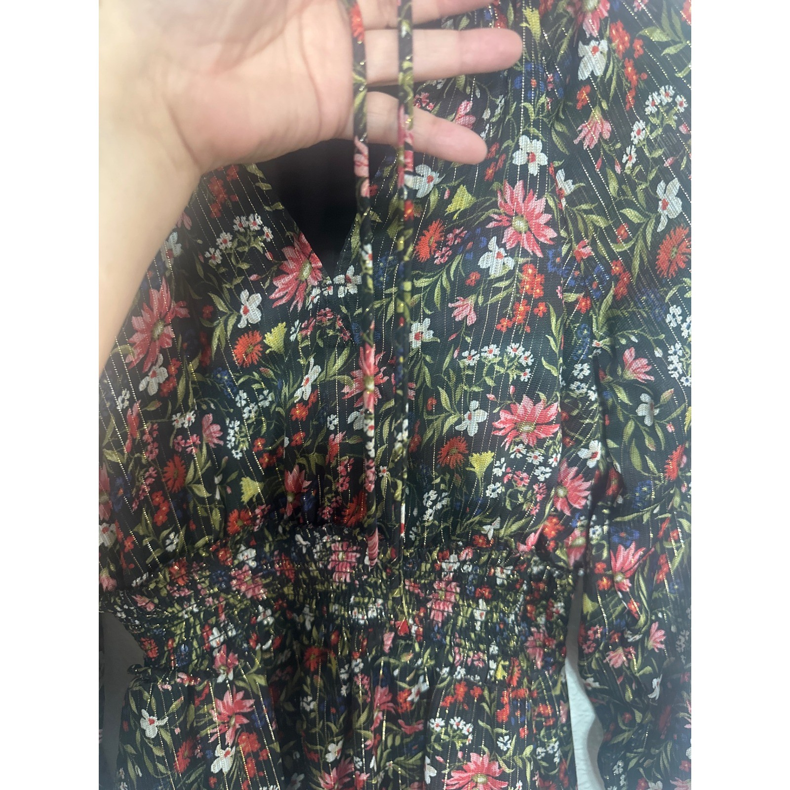 Old Navy Floral Metallic Lurex Smocked Mini Dress Black Red Pink Gold Long Sleev