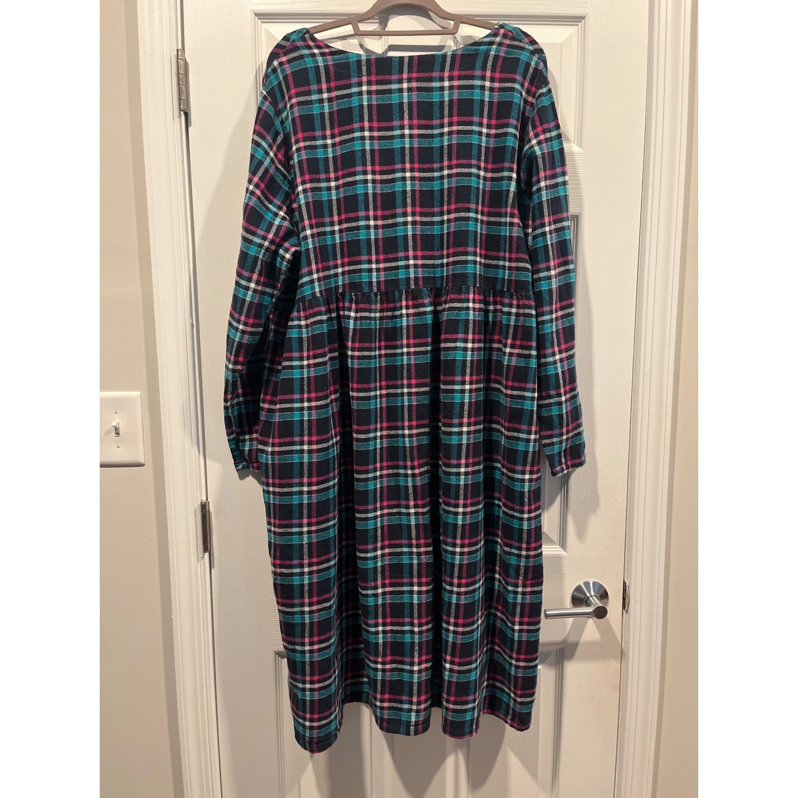 CW Classics Plaid Flannel Button Front Dress Womens 2X Teal Pink Cotton Midi