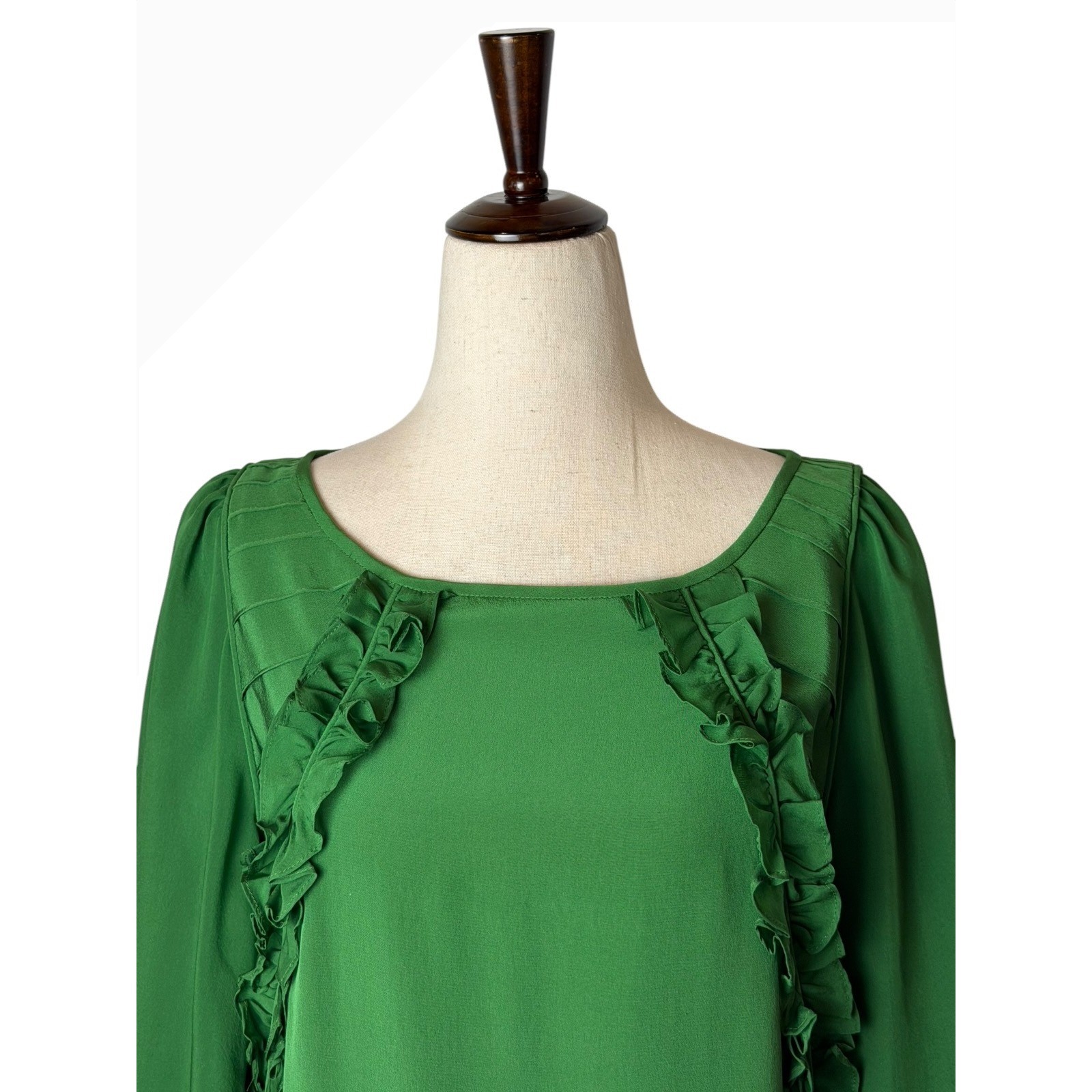 Tibi Silk Shift Dress Women 4 Green Ruffle Pintuck Puff Sleeve Luxury Silky