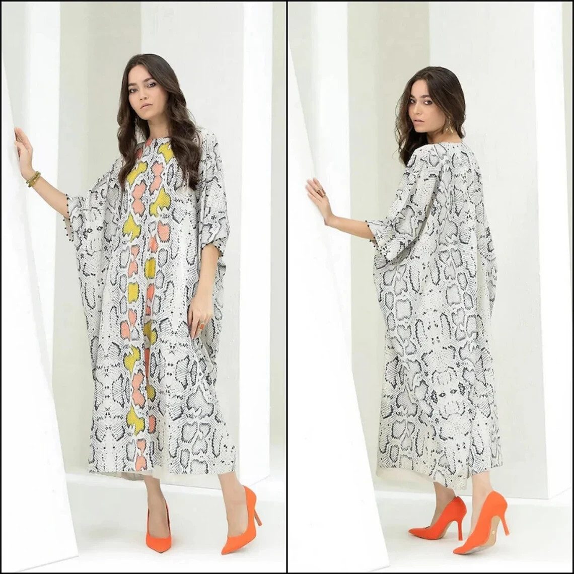 Soft Satin Silk Beach Wear Kaftan, Women Ankle Length Casual Wear Kaftan J 5761