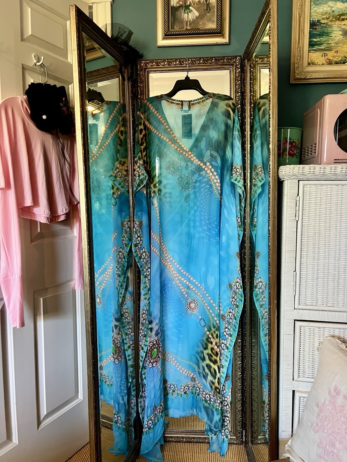 Beautiful Sakkas Turquoise Long Caftan Sparkly Flowy Bejeweled One Sz fits most