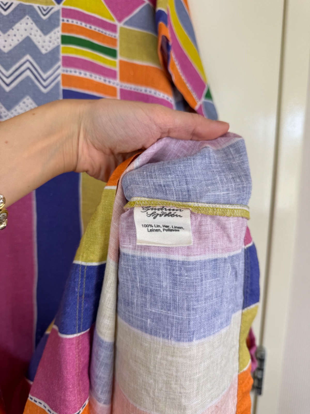 GUDRUN SJODEN Linen Multicolor Cheerful Dress Kaftan Ikat Geometric Sundress L