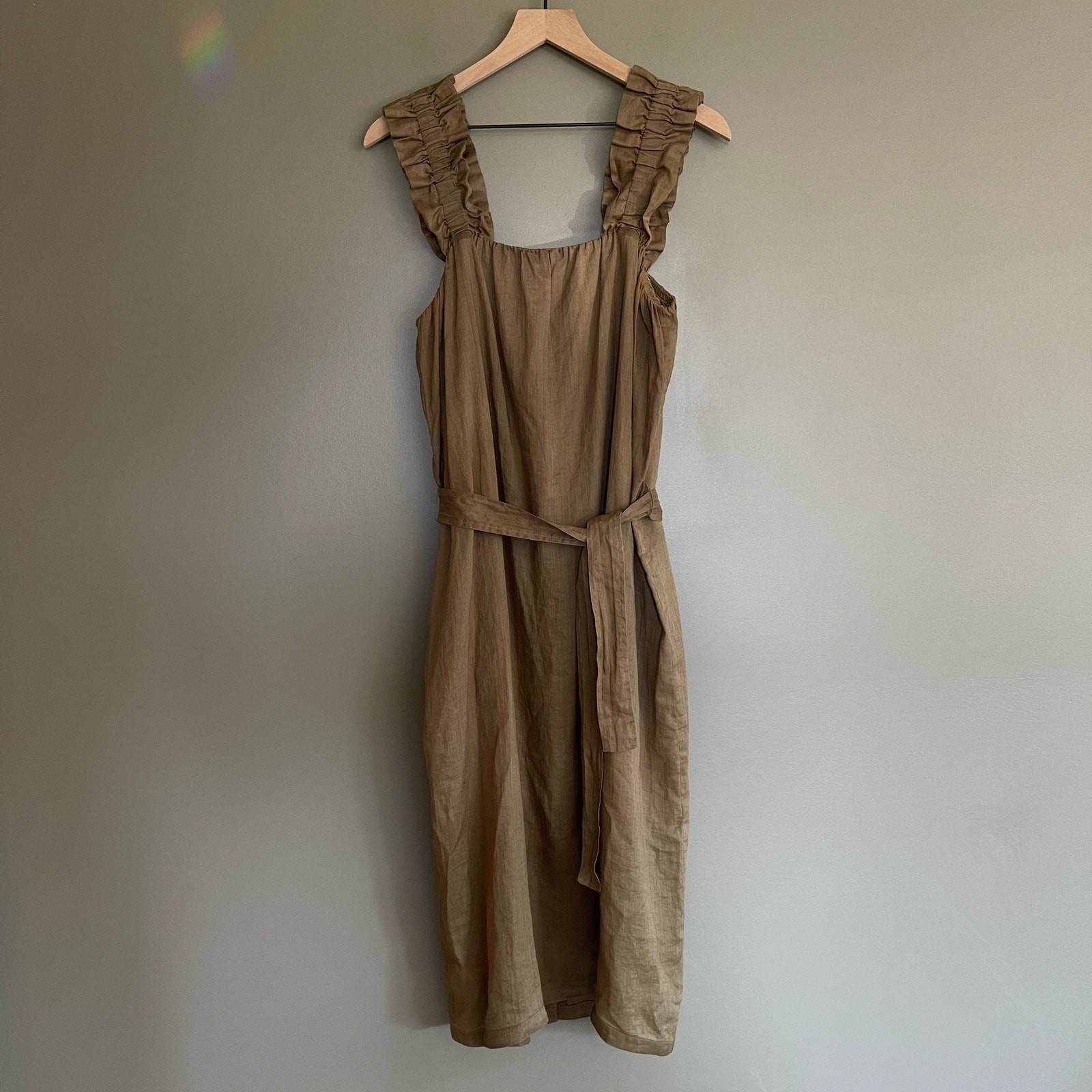 Frame Ruffle Strap Button Back Dress in Moss Size Small Khaki Green Ramie Chic