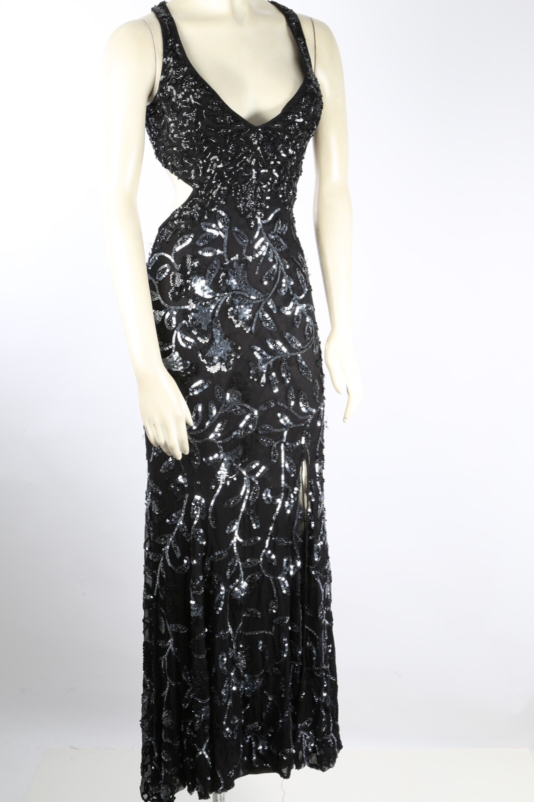 Cassandra Stone Black Silver Silk Beaded Embroidered Gown V Neck Dress Womens 0
