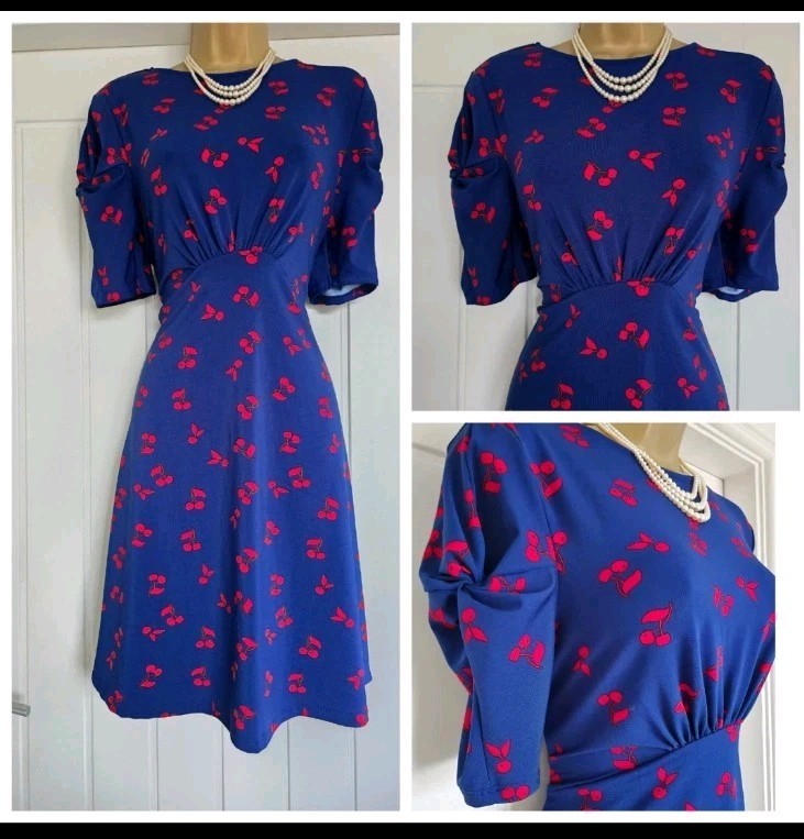 Vintage 1940s WW2 Style Blue Red Cherry Stretchy Swing Dress Size 12