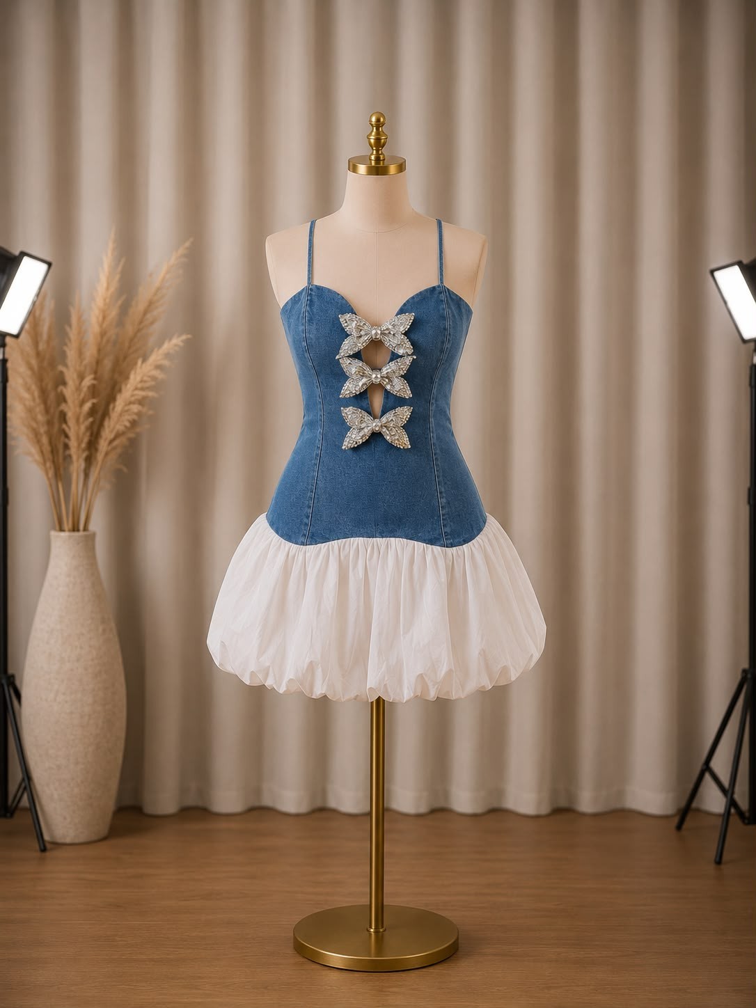 Women’s Denim Bubble Mini Dress Spaghetti Strap Butterfly Detail Fit & Flare