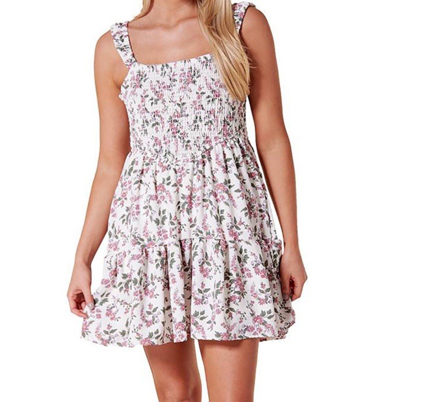 No Comment Junior Size L Cross Hatch Strap Smocked Bodice SunDress Crocus Flower