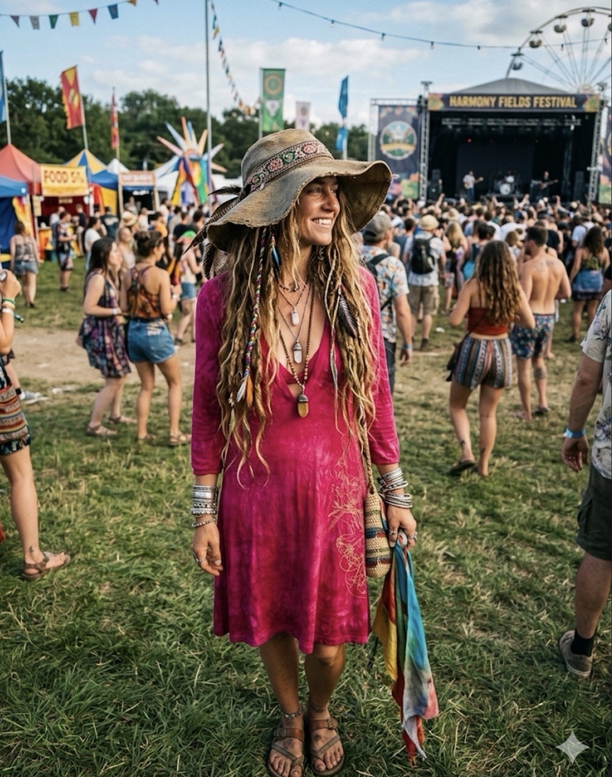 Vintage gypsy 05 midi dress Women’s Hippie Boho Large Long Sleeve V neck Pink