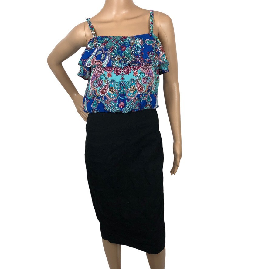Nicole Miller Paisley Print Midi Sheath Pencil Dress Size 2 Boho Career Office