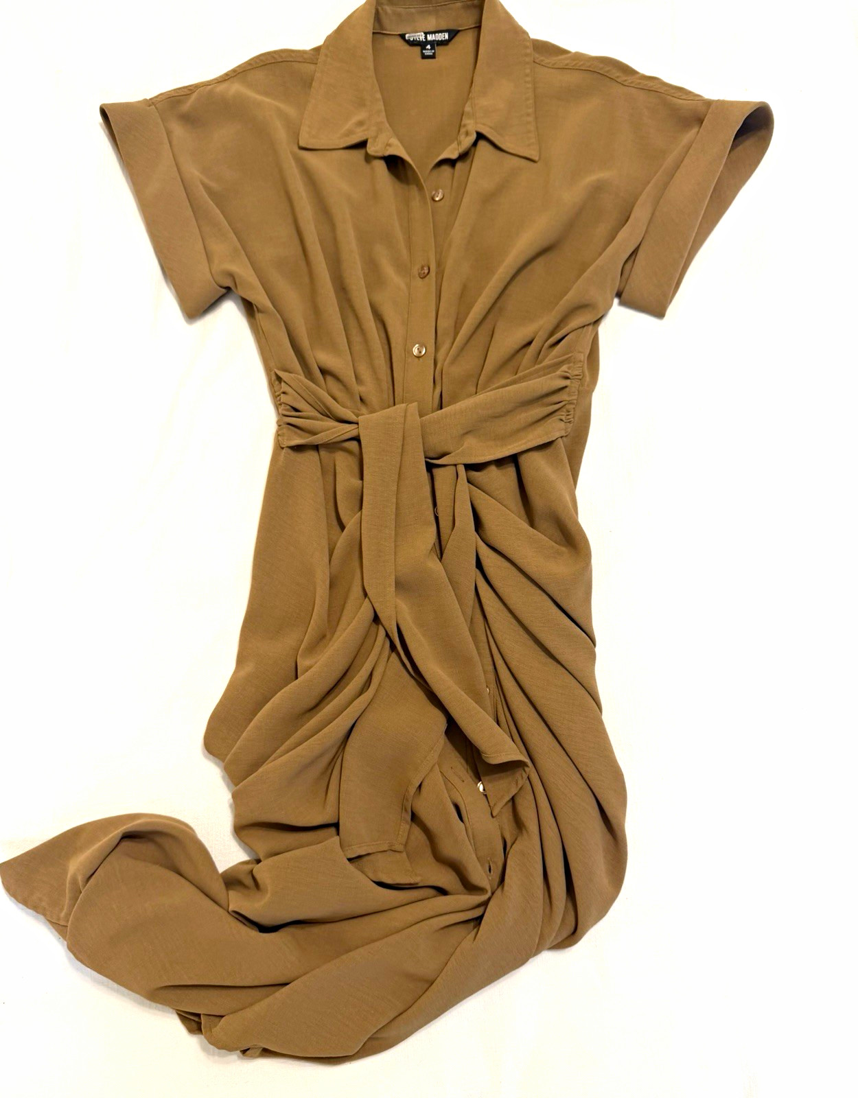 Steve Madden Brown Solid Shirt Dress Collared Short Sleeve Button Belted 4