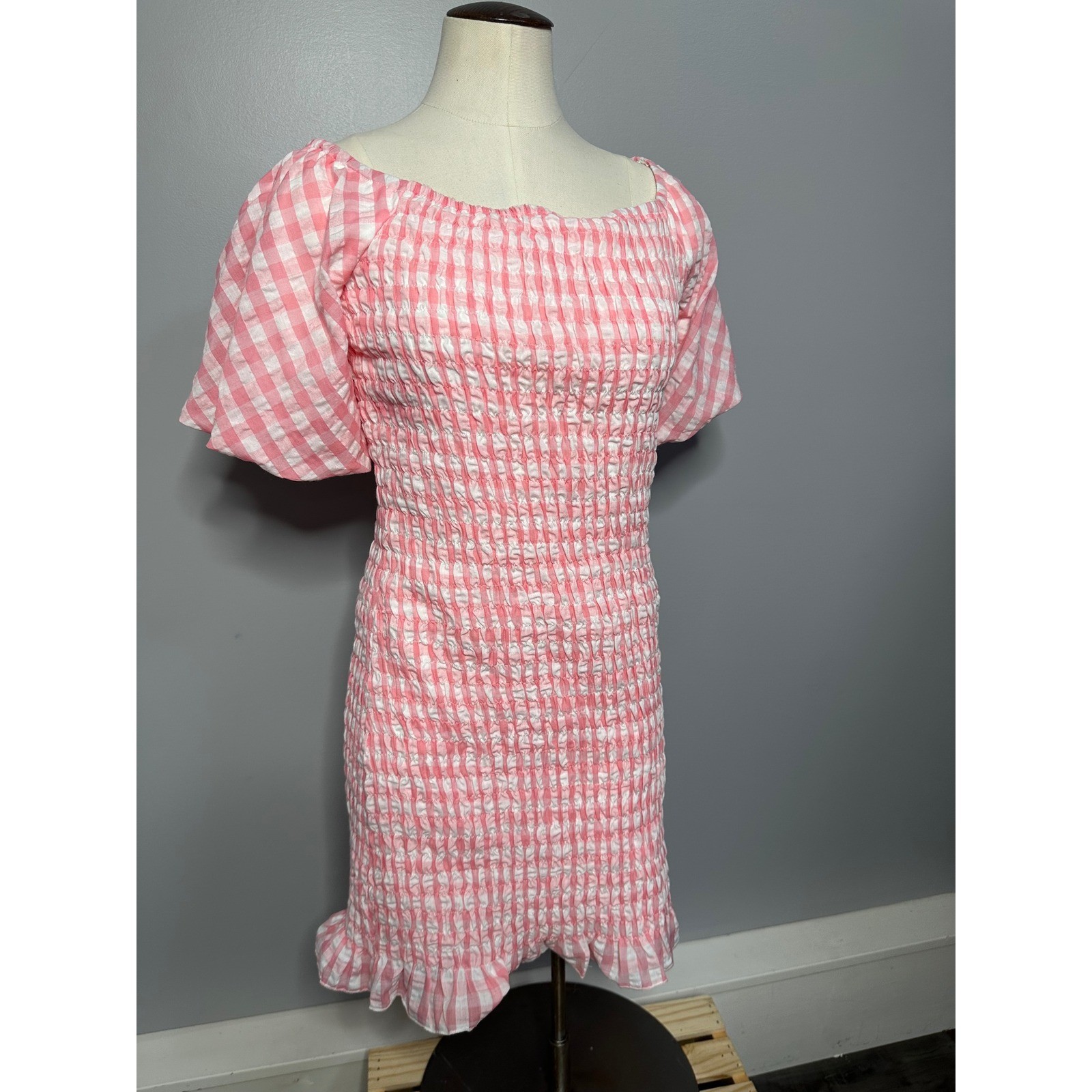Pink Lily Gingham Smocked Pink Mini Dress Short Puff Sleeve Ruffle Hem Womens L