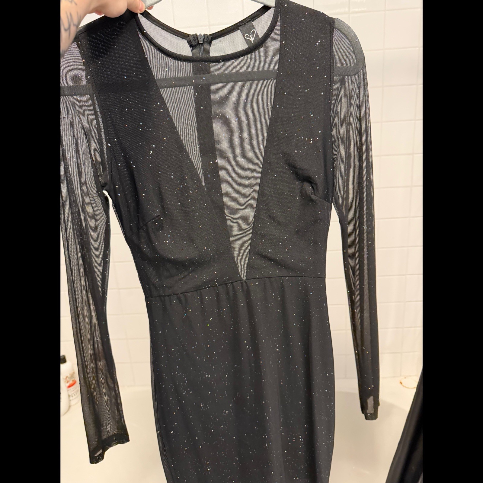 Windsor Women’s Black Sheer Mesh Glitter Mini Dress S Round Neck Long Sleeve Zip