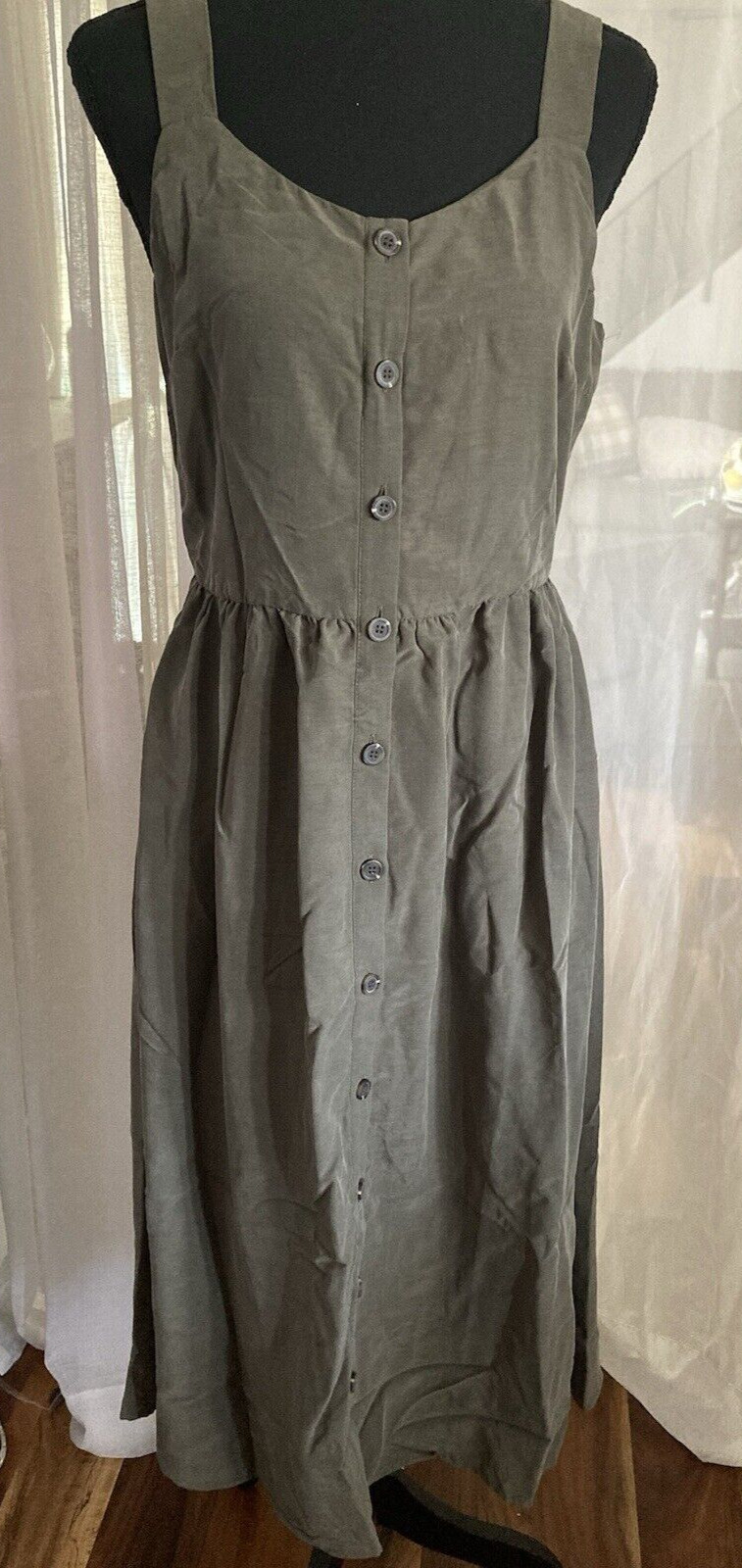Nicole Miller Olive Green Strap Faux Button Down Pocket Women’s Midi Dress Sz 8