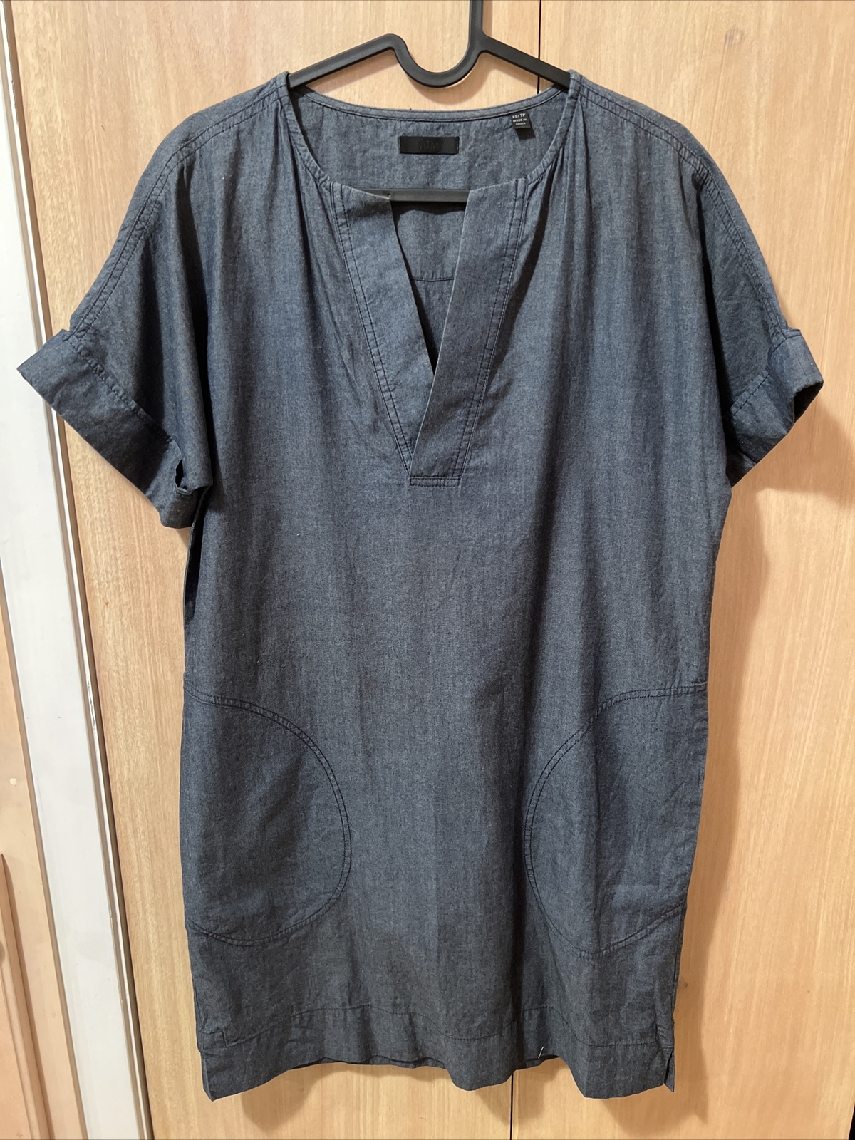 ATM Women’s Chambray Cotton Shift Dress Minimal Solid Comfy Pockets Blue XS
