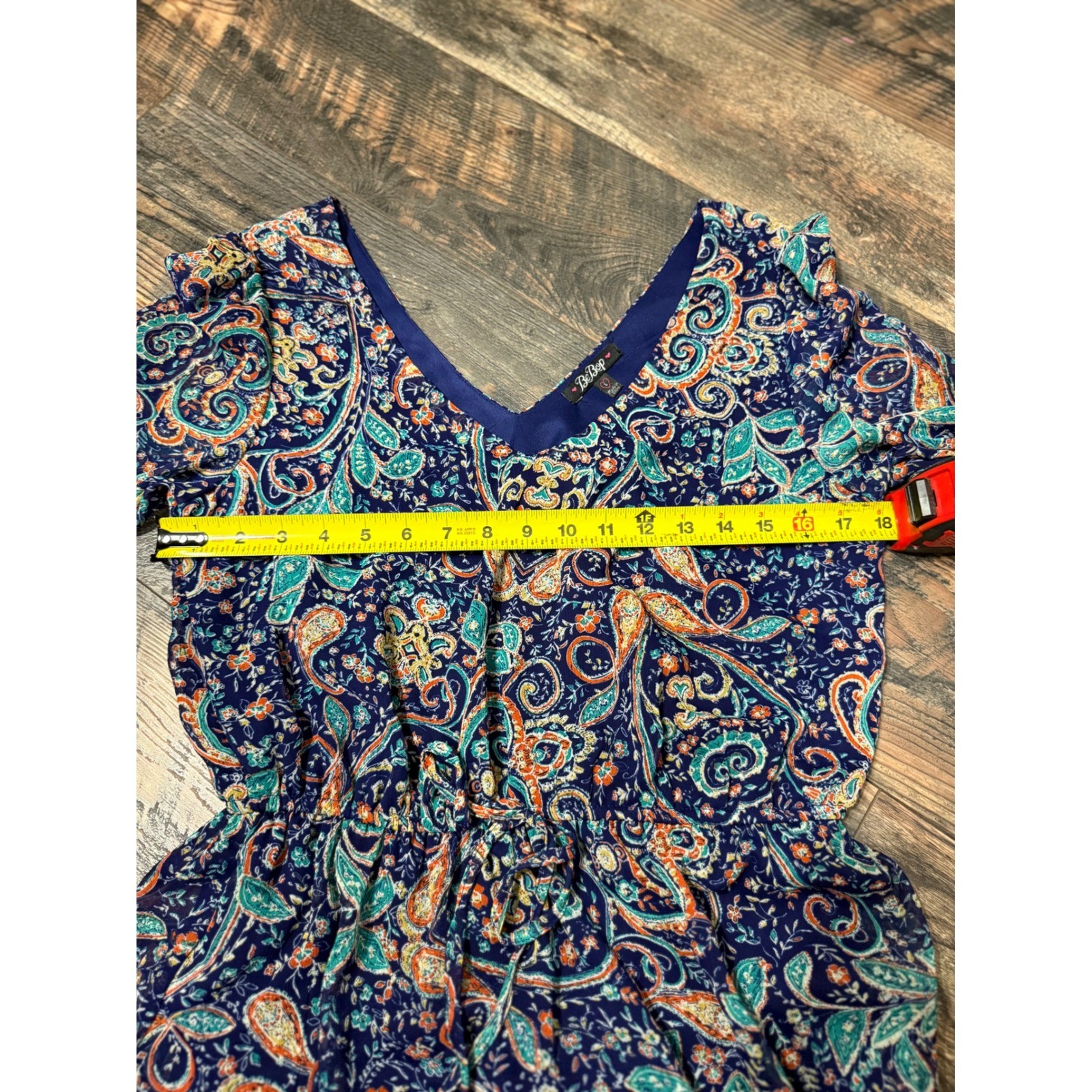 BeBop Womens Blue Paisley Print V-Neck 3/4 Sleeve Elastic Waist Mini Dress Large