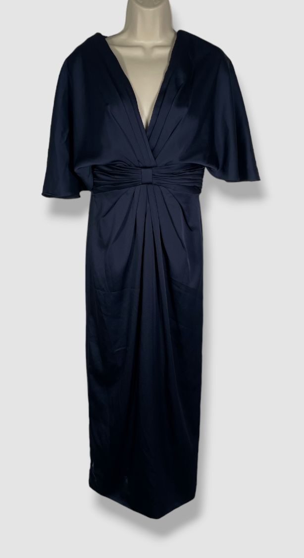 $695 Theia Women Blue Lucia V-Neck Gathered Waist Kimono A-Line Dress Size 4