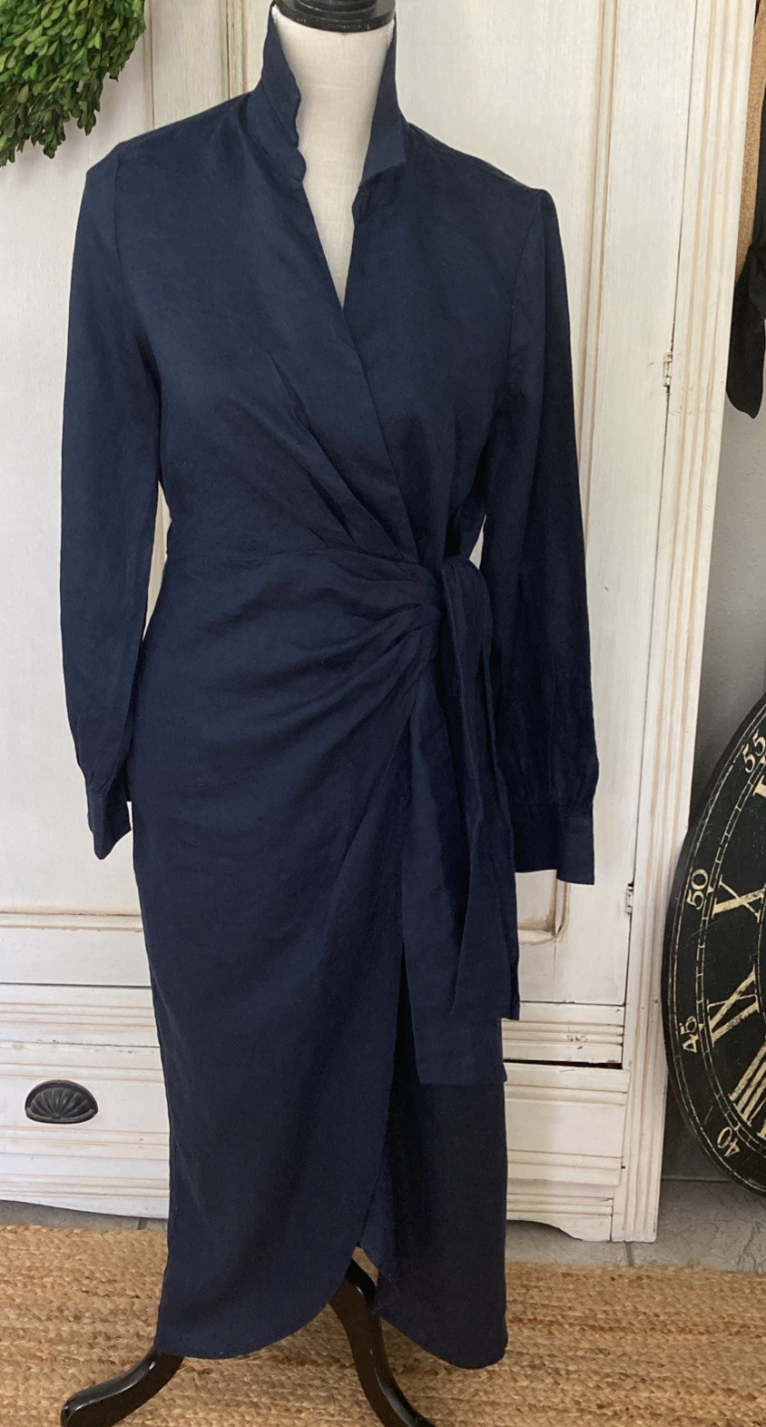 Linen Magaschoni Women’s MIDI Wrap Dress Size 8 Navy