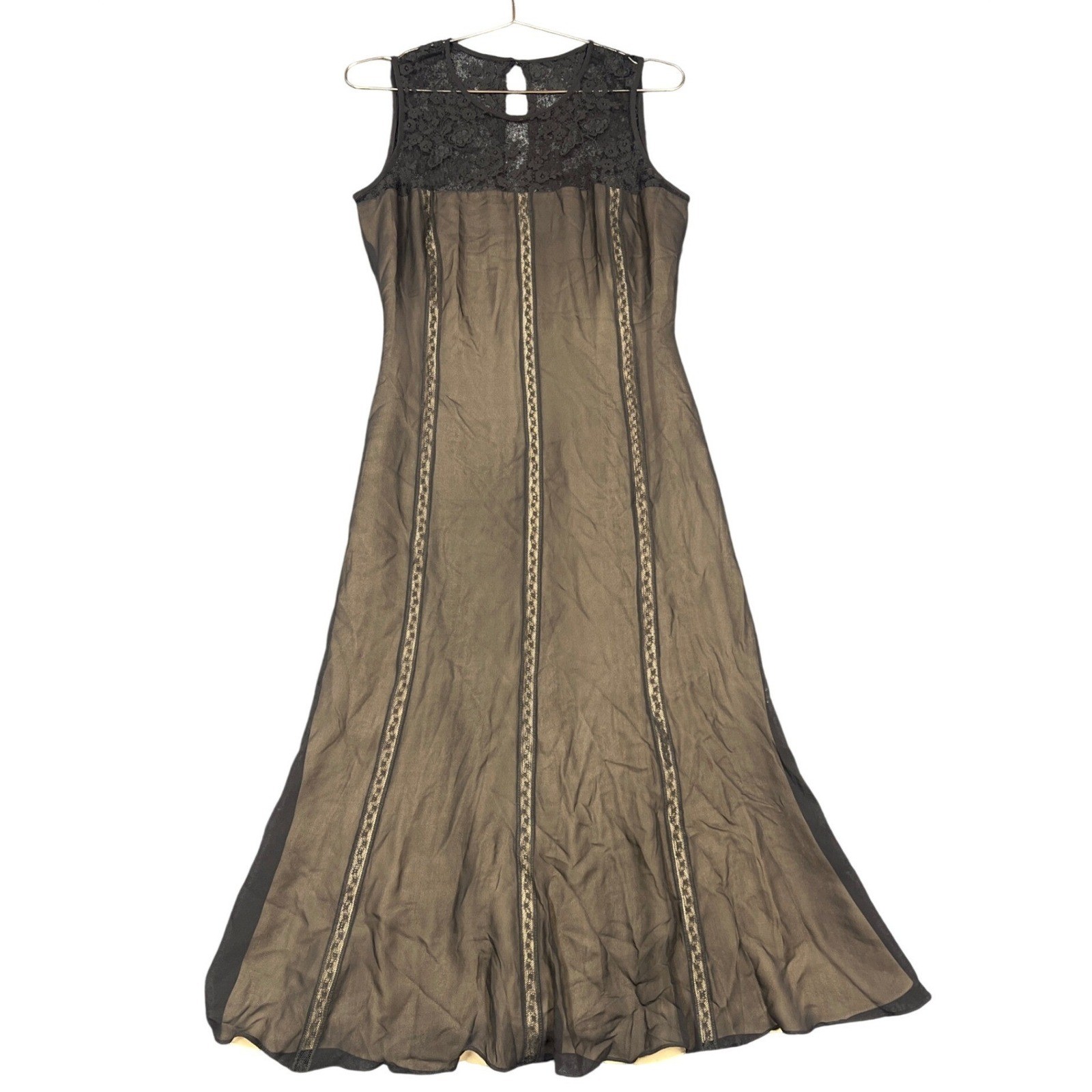 Maggy London 100% Silk Lace Trim Maxi Dress Black Tan Size 10 Sleeveless Gown