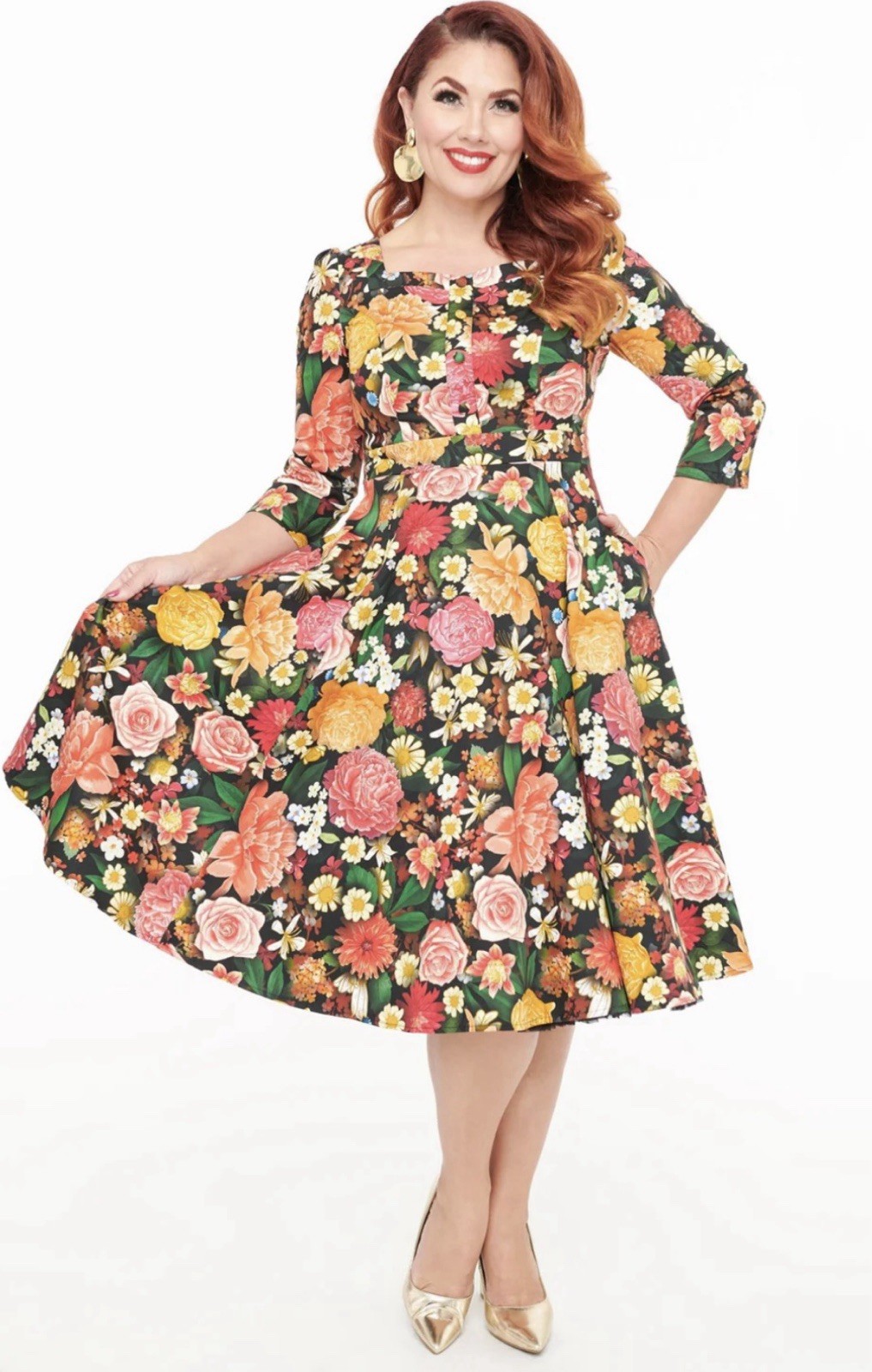 Unique Vintage Hearts & Roses Black Floral Cassidy Swing Dress, NWT!