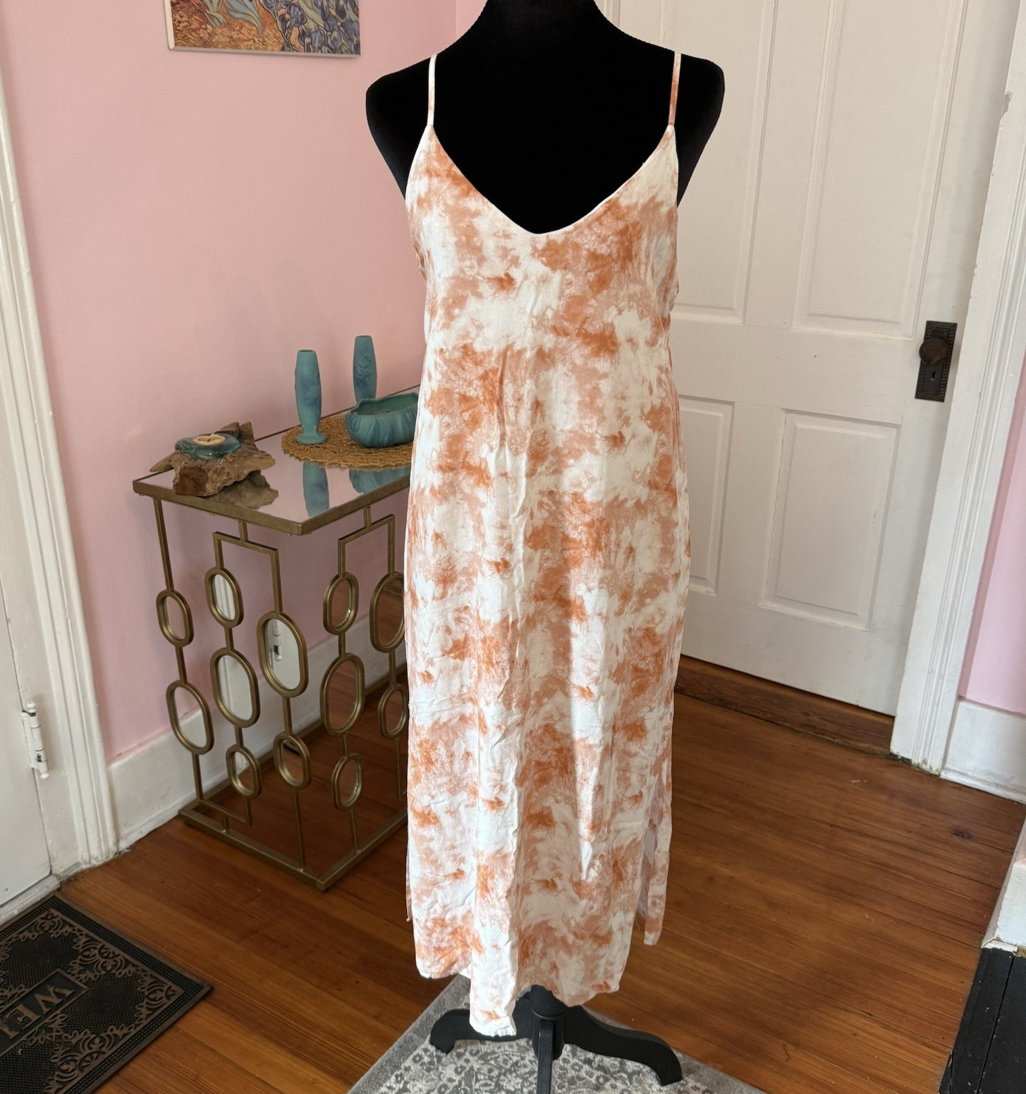 Double Zero Tie Dye Slip Dress Midi V-Neck Adjustable Straps Lined White M