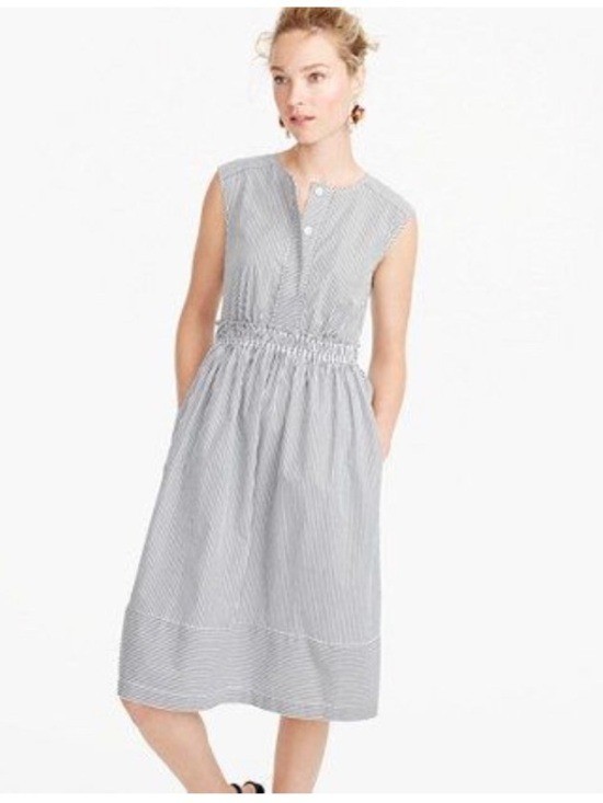 J. Crew Pinstripe Shirting Cap Sleeve Poplin A-Line Midi Dress Preppy Black 10