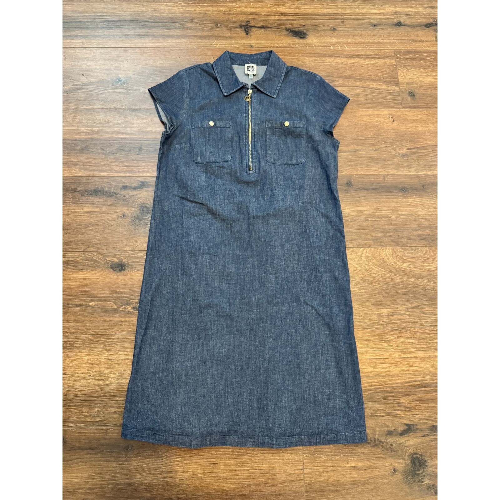 Anne Klein Womens Marcella Blue Denim Zip Front Shift Dress Gold Hardware Size 4