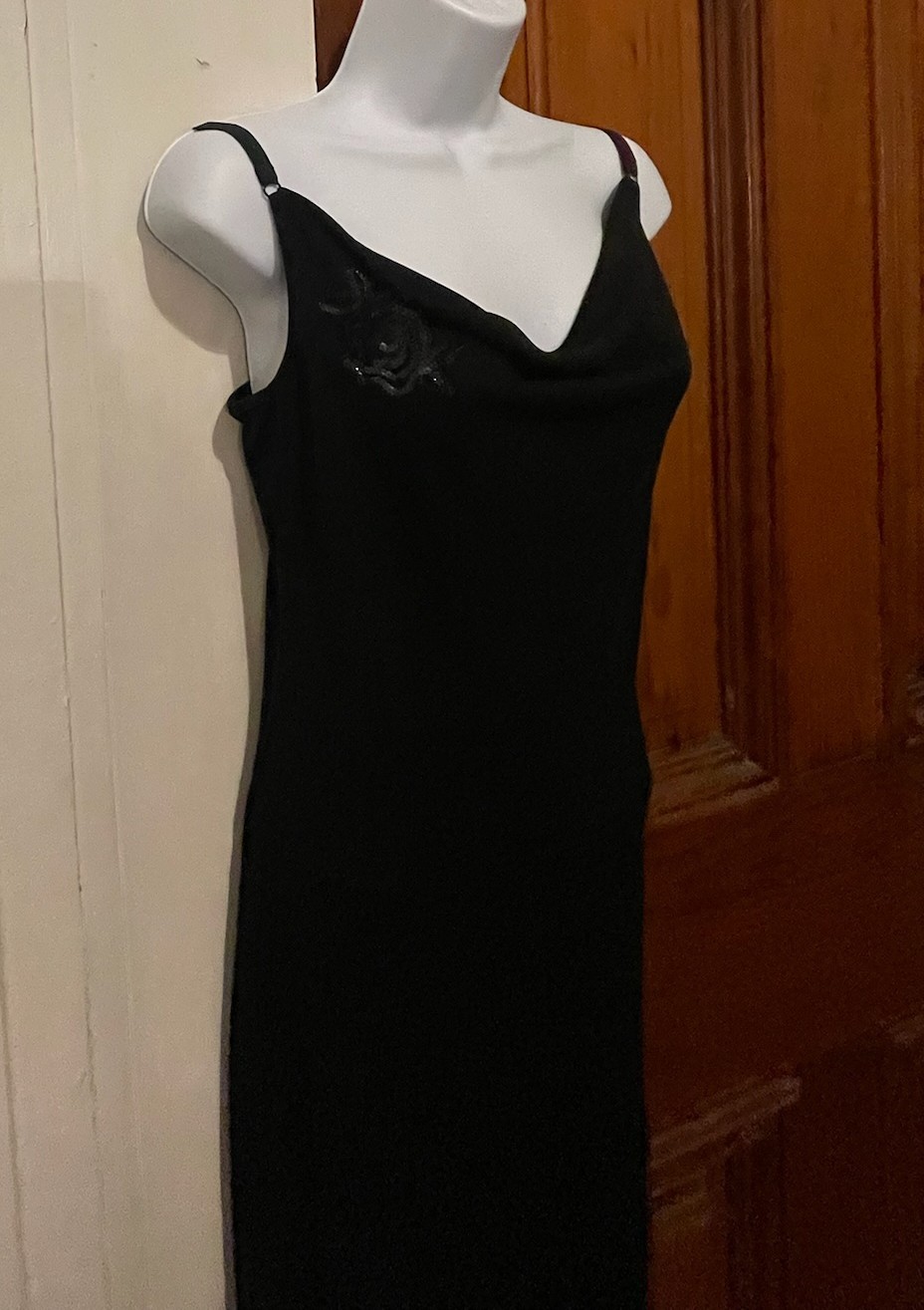 ESPRIT Black Slip Dress (SMALL) Vintage Y2K Stretch Elastic Straps Sequin Flower